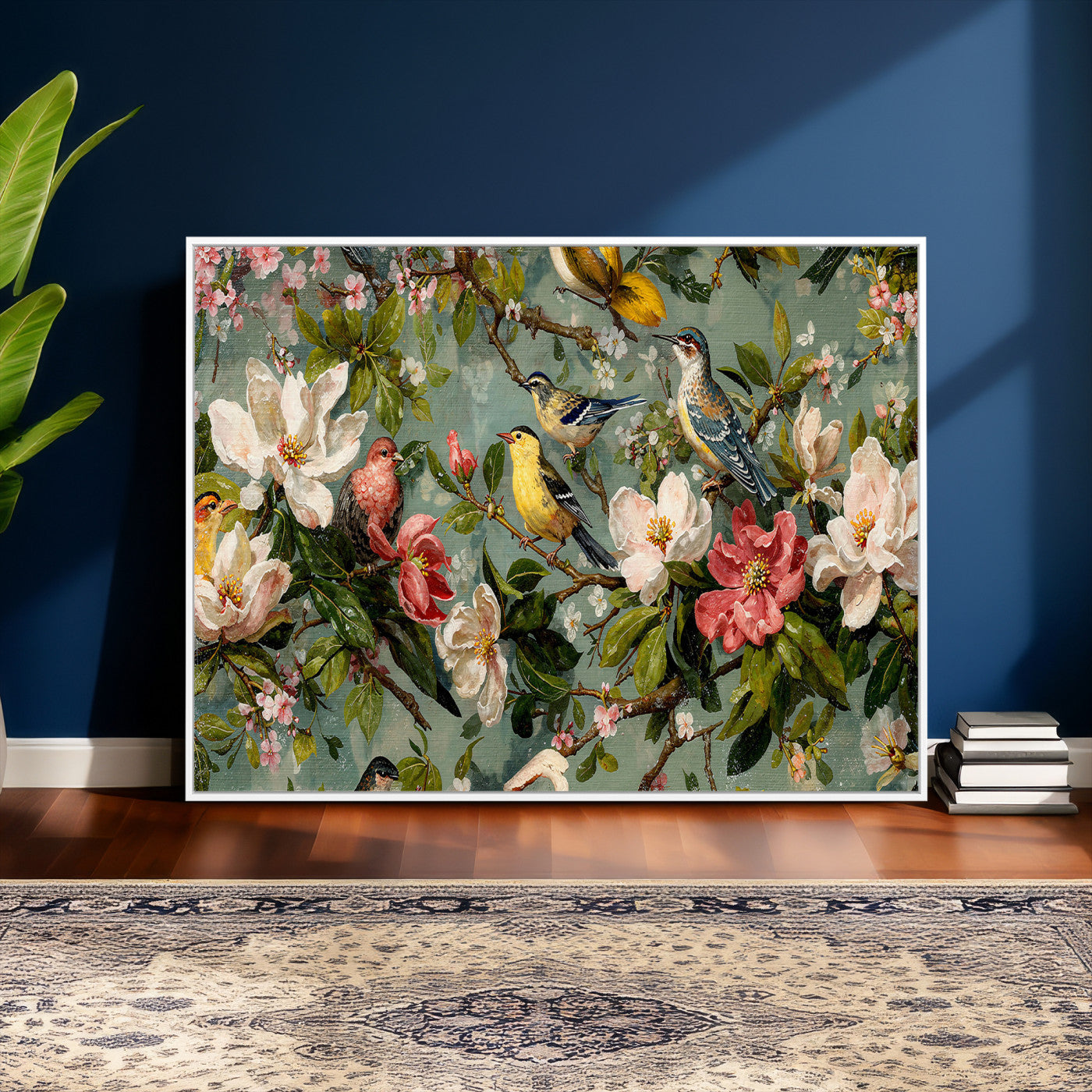 77883606-MGV-CV-36X24 - Vintage Birds and Flowers Wide Wall Art: Extra Large Panoramic Botanical Print