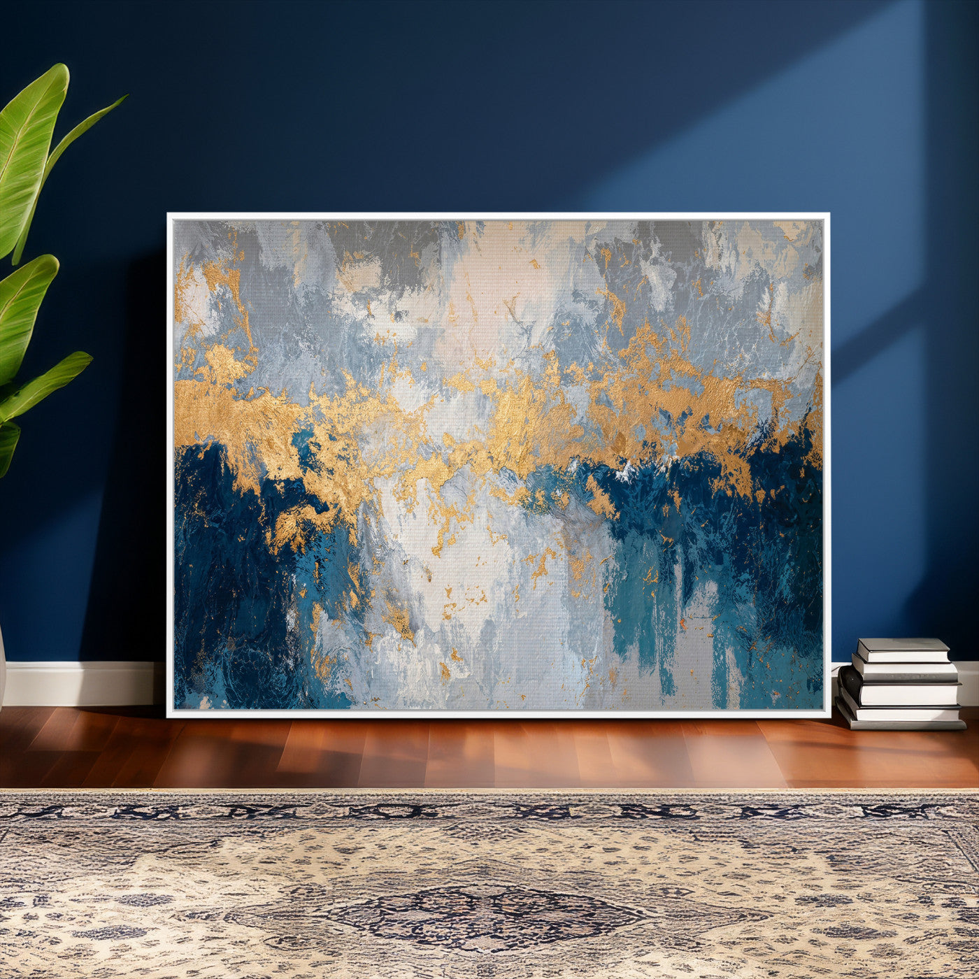 65386119-MGV-CV-36X24 - Blue Gold Abstract Large Framed Canvas Wall Art, Modern Luxury Painting Print in Horizontal Oversized Minimal Wall Decor Artwork