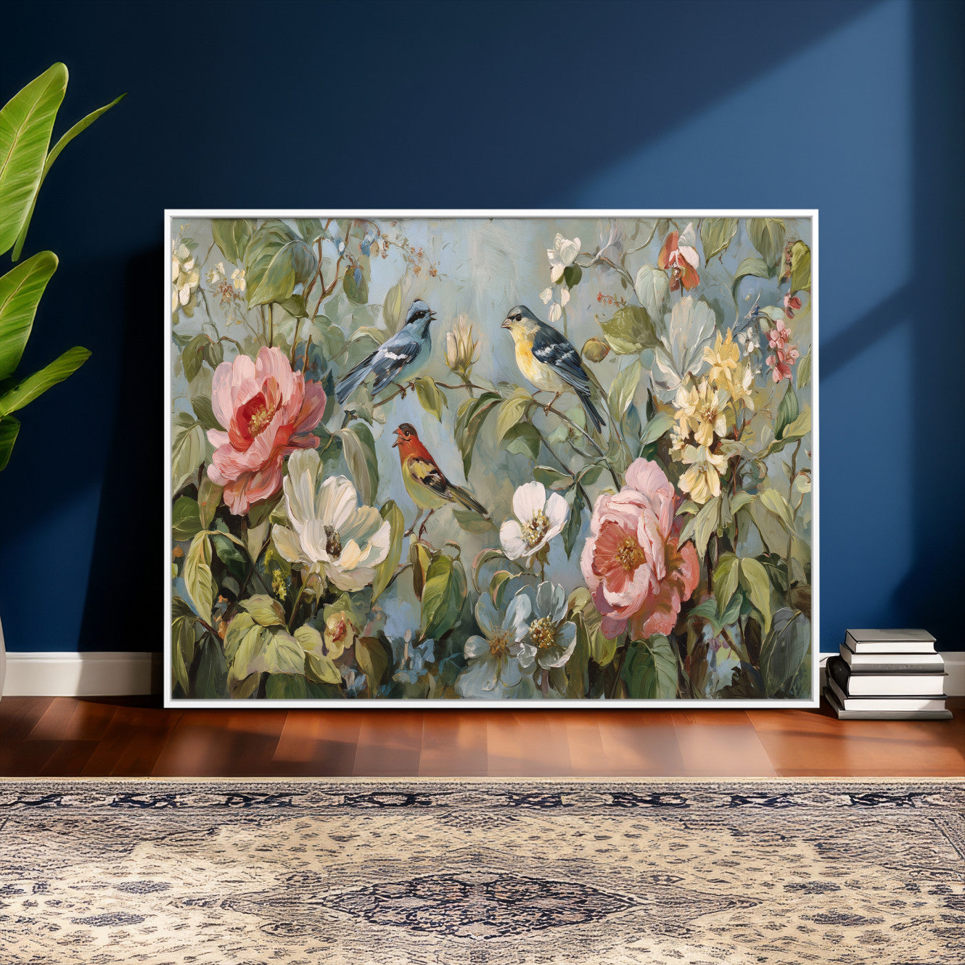 55440837-MGV-CV-36X24 - Vintage Birds and Flowers Wall Art Canvas Print, Botanical Bird Painting Canvas Print, Floral Garden Bird Artwork Canvas Print, Classic Bird Flower Painting Canvas Print