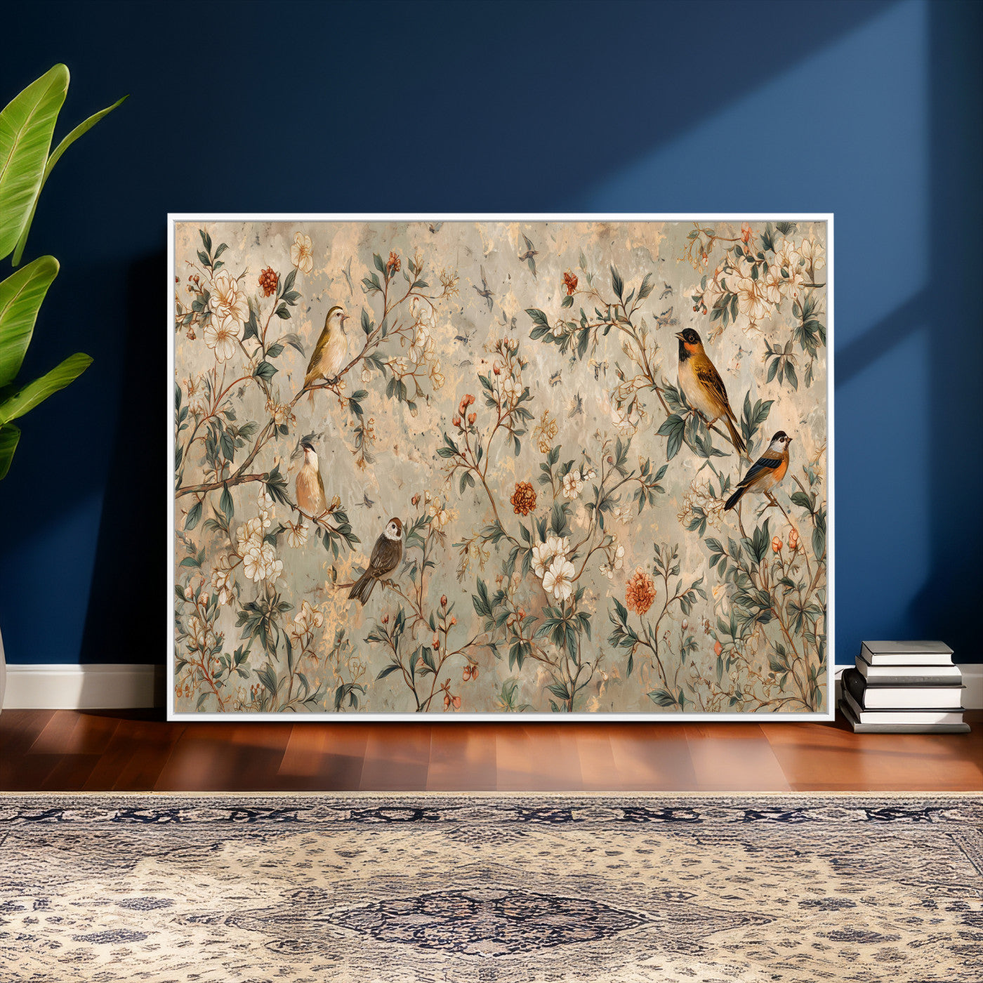 76588438-MGV-CV-36X24 - Vintage Birds and Flowers Wall Art Canvas Print, Botanical Bird Painting Canvas Print, Floral Garden Bird Artwork Canvas Print, Classic Bird Flower Painting Canvas Print