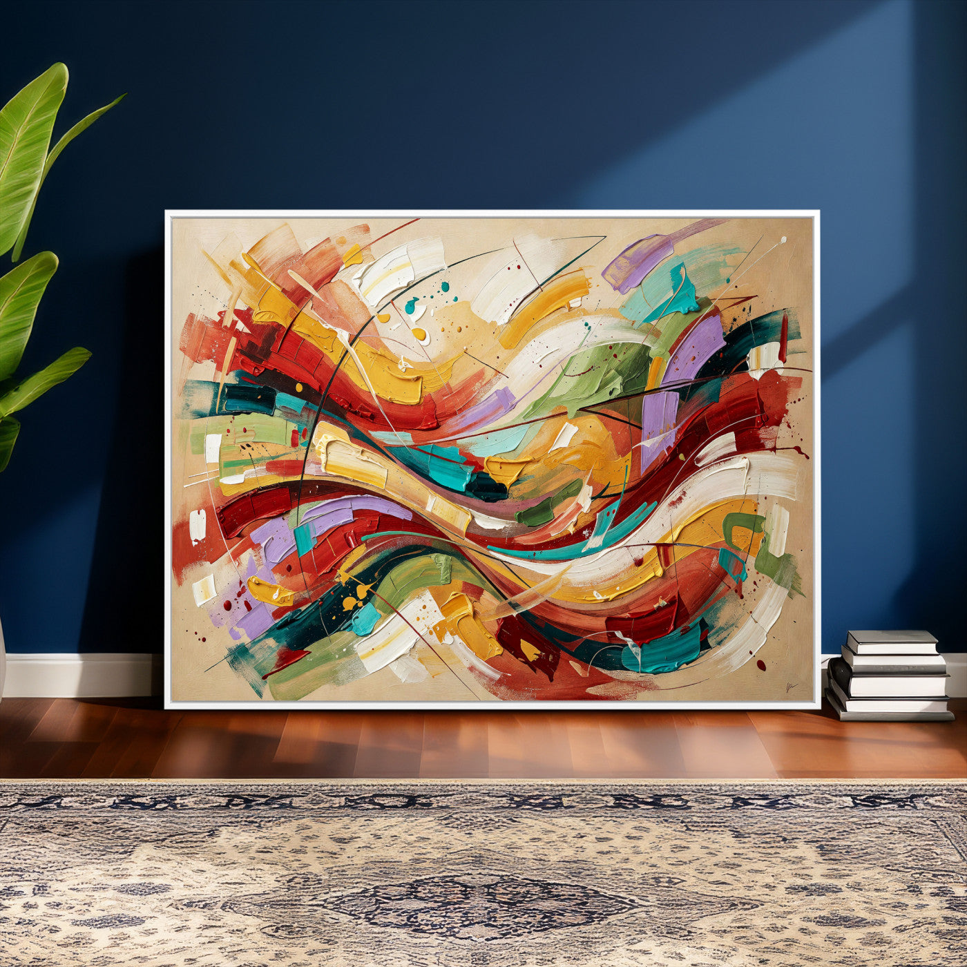 39887645-MGV-CV-36X24 - Geometric Abstract Wall Art Canvas Print, Orange Blue Abstract Expressionist Painting Print, Modern Geometric Abstract Canvas Art