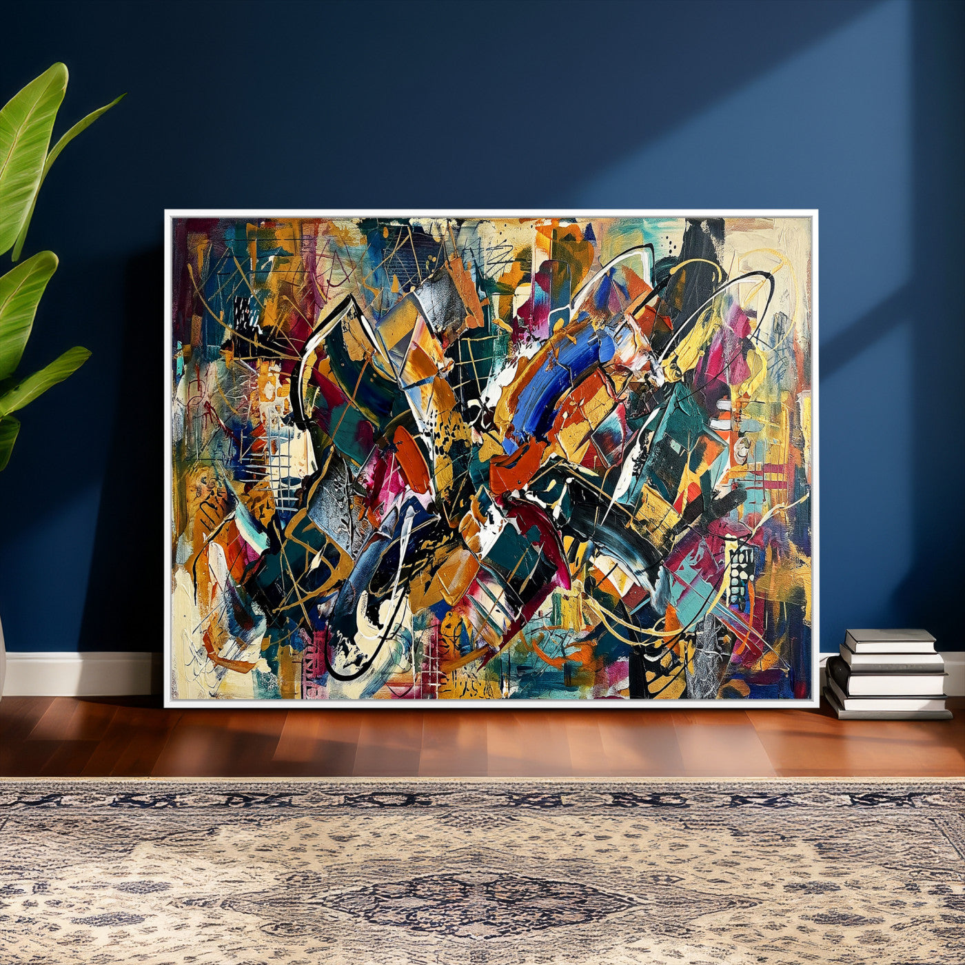 15525527-MGV-CV-36X24 - Geometric Abstract Wall Art Canvas Print, Orange Blue Abstract Expressionist Painting Print, Modern Geometric Abstract Canvas Art