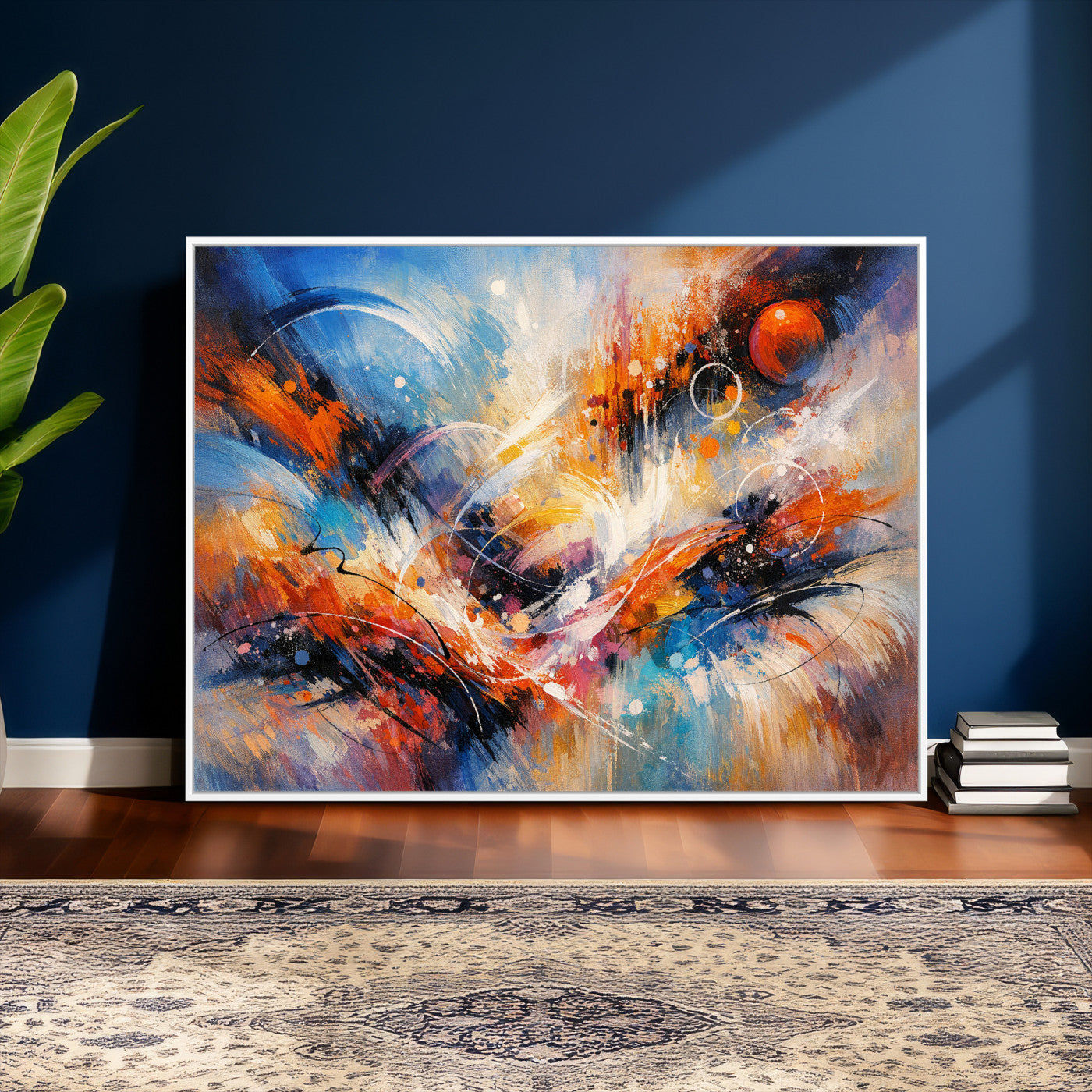 47770355-MGV-CV-36X24 - Geometric Abstract Wall Art Canvas Print, Orange Blue Abstract Expressionist Painting Print, Modern Geometric Abstract Canvas Art