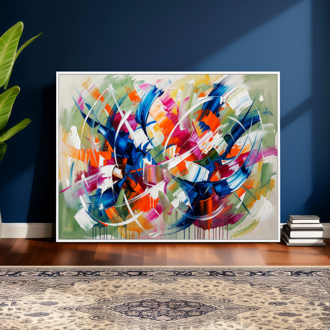 15032888-MGV-CV-36X24 - Geometric Abstract Wall Art Canvas Print, Orange Blue Abstract Expressionist Painting Print, Modern Geometric Abstract Canvas Art