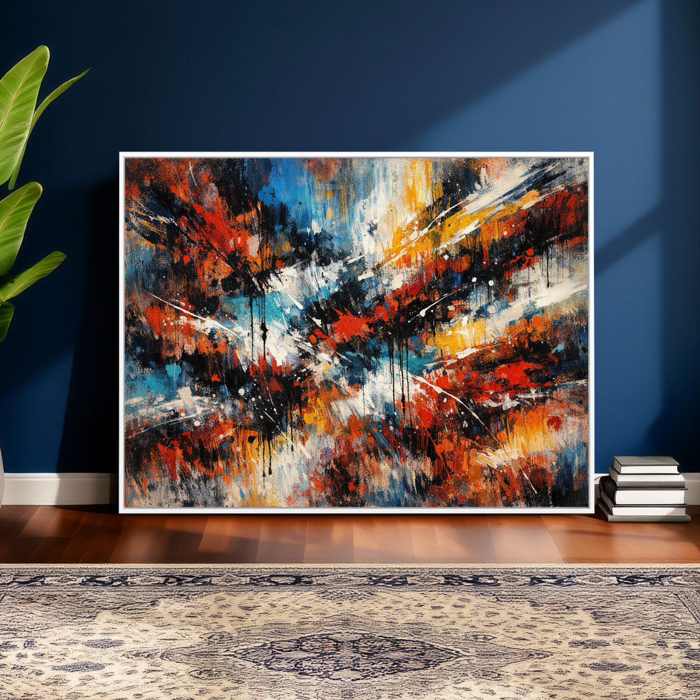 80276069-MGV-CV-36X24 - Geometric Abstract Wall Art Canvas Print, Orange Blue Abstract Expressionist Painting Print, Modern Geometric Abstract Canvas Art