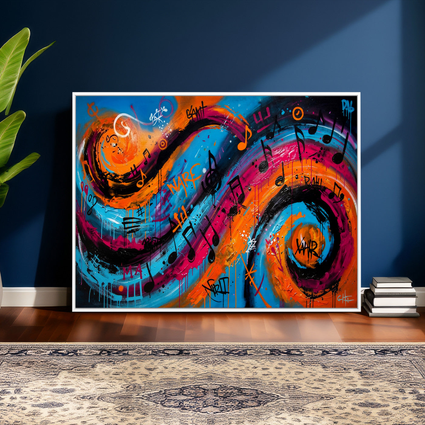 34936518-MGV-CV-36X24 - Geometric Abstract Wall Art Canvas Print, Orange Blue Abstract Expressionist Painting Print, Modern Geometric Abstract Canvas Art
