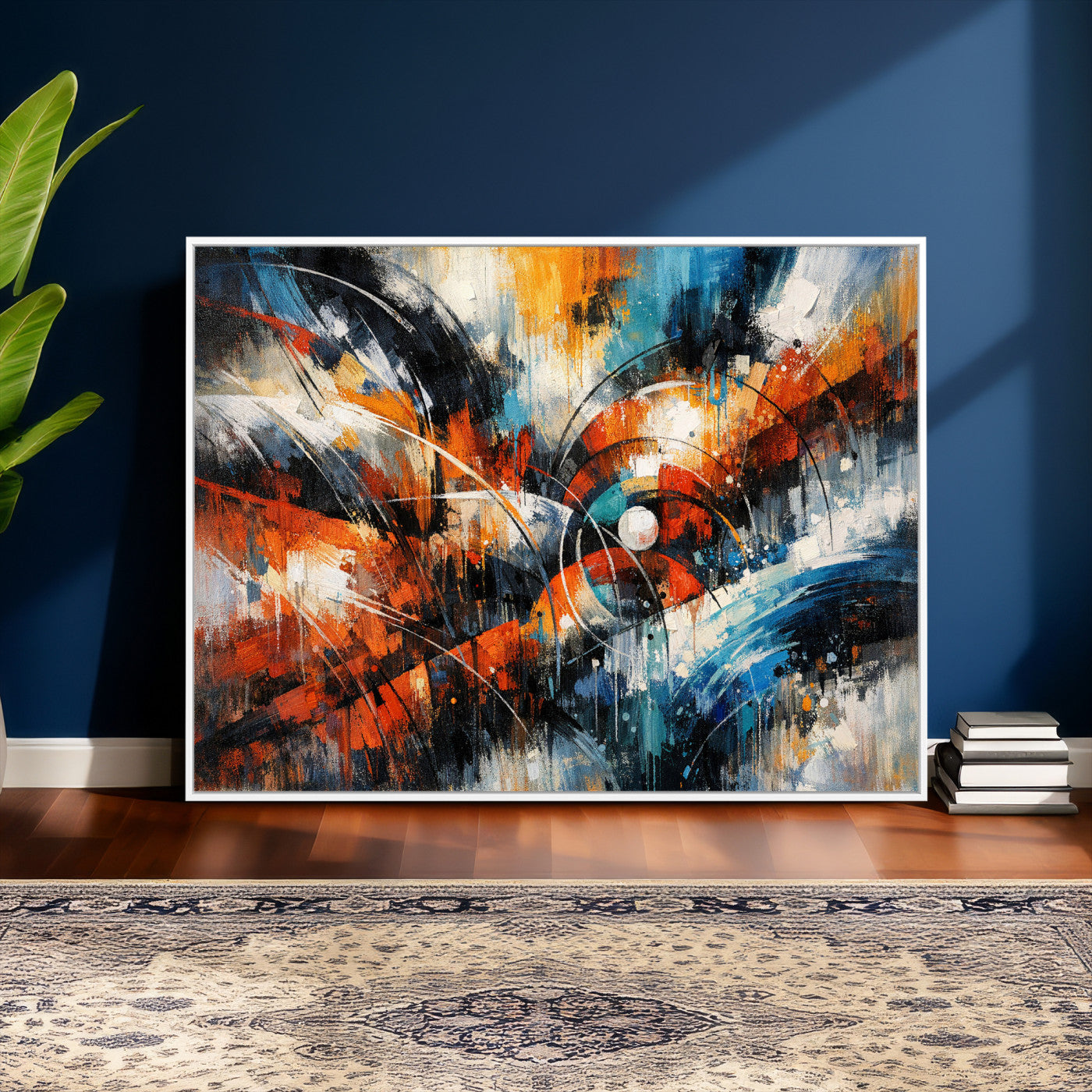 47120691-MGV-CV-36X24 - Geometric Abstract Wall Art Canvas Print, Orange Blue Abstract Expressionist Painting Print, Modern Geometric Abstract Canvas Art