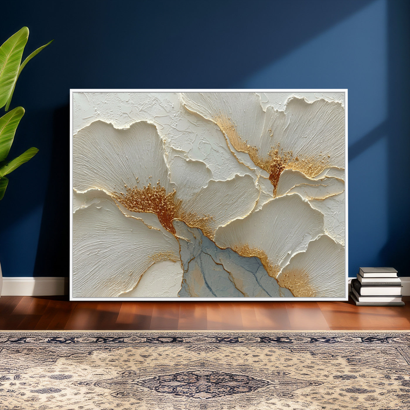 4712069F1-MGV-CV-36X24 - White Gold Floral Canvas Wall Art — Textured Flower Print | Luxury Botanical Decor | Elegant Bedroom Art | Gold Leaf Wall Art Gift