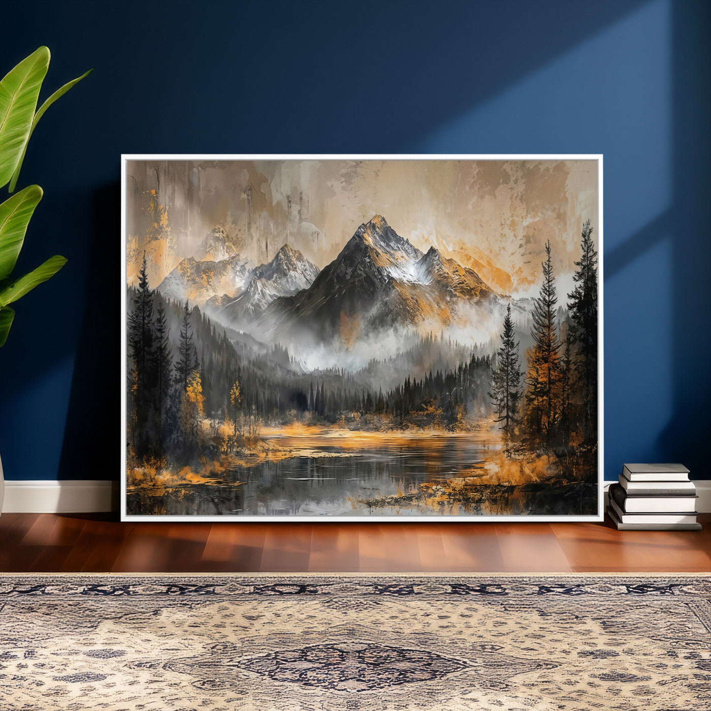 4712069D1-MGV-CV-36X24 - Mountain Lake Canvas Wall Art — Rustic Forest Landscape Print | Gold Grey Nature Decor | Cabin Wall Art | Large Wilderness Art Print Gift