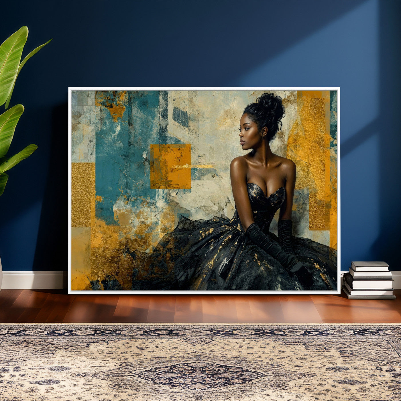 4712069Z21-MGV-CV-36X24 - Elegant Woman Canvas Wall Art — Black Gold Gown Fashion Print | Luxury Glam Wall Decor | African American Art | Bold Bedroom Wall Art Gift