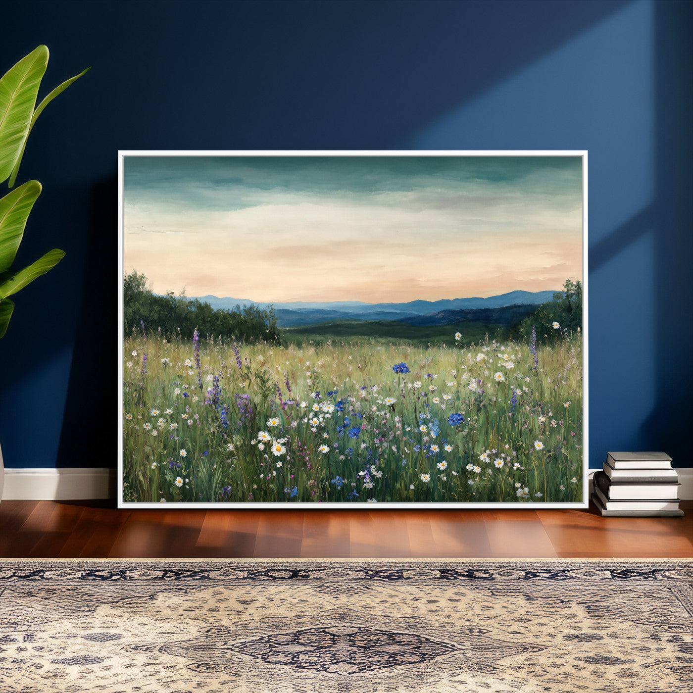 35773805-MGV-CV-36X24 - Wildflower Meadow Oil Painting Canvas — Daisy Lavender Mountain Sunset Print | Cottagecore Floral Wall Art | Bedroom Decor Gift for Her