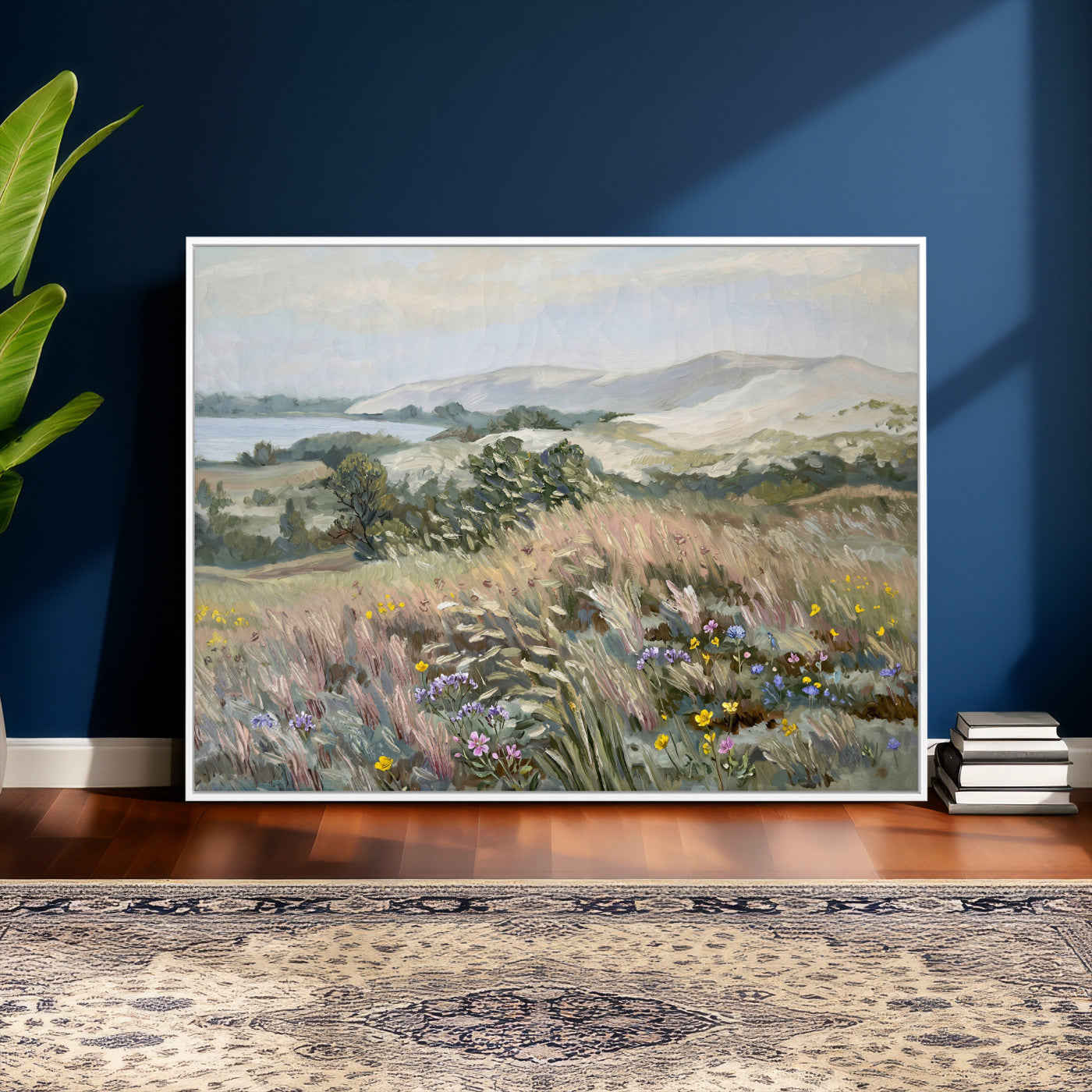 18013232-MGV-CV-36X24 - Katie Staples Hillside Canvas Wall Art — Coastal Wildflower Dune Oil Painting Print | Muted Green Nature Decor | Plein Air Landscape Gift