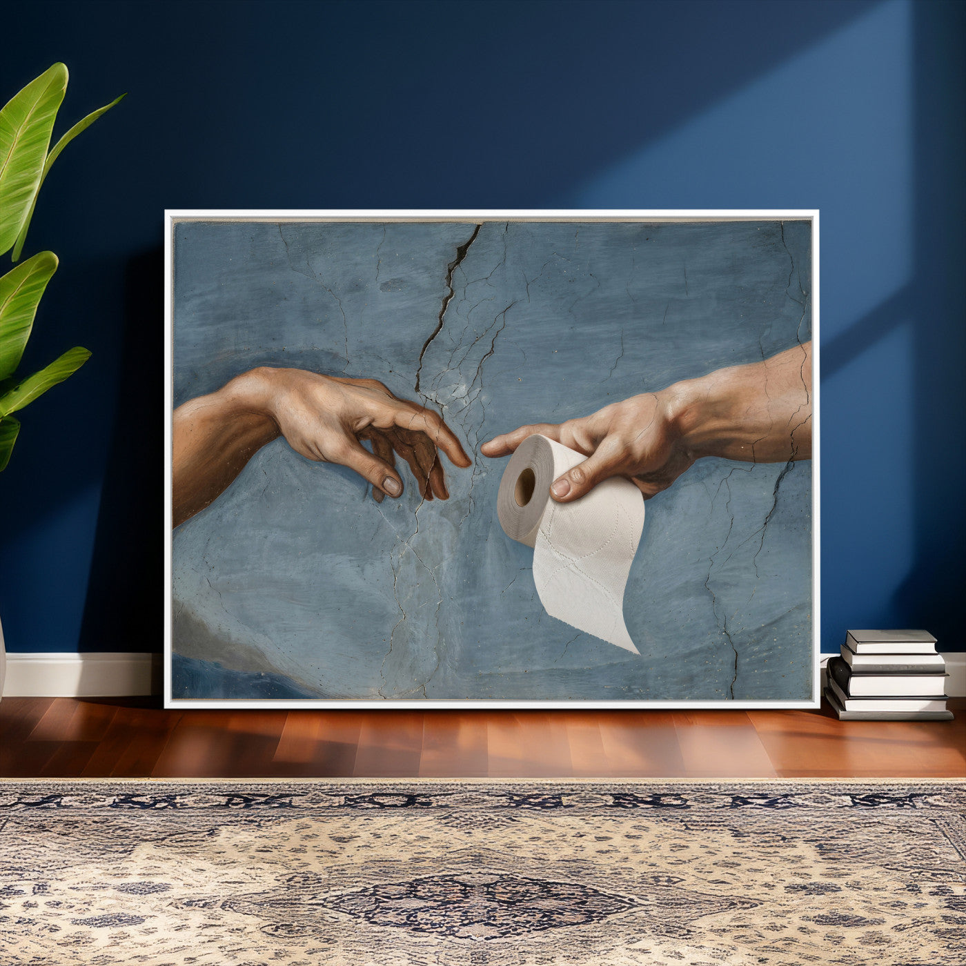 42648143-MGV-CV-36X24 - Funny Bathroom Canvas Wall Art, Michelangelo Creation of Adam Toilet Paper Parody, Renaissance Humor Print, Quirky Housewarming Gift, Toilet Room Decor