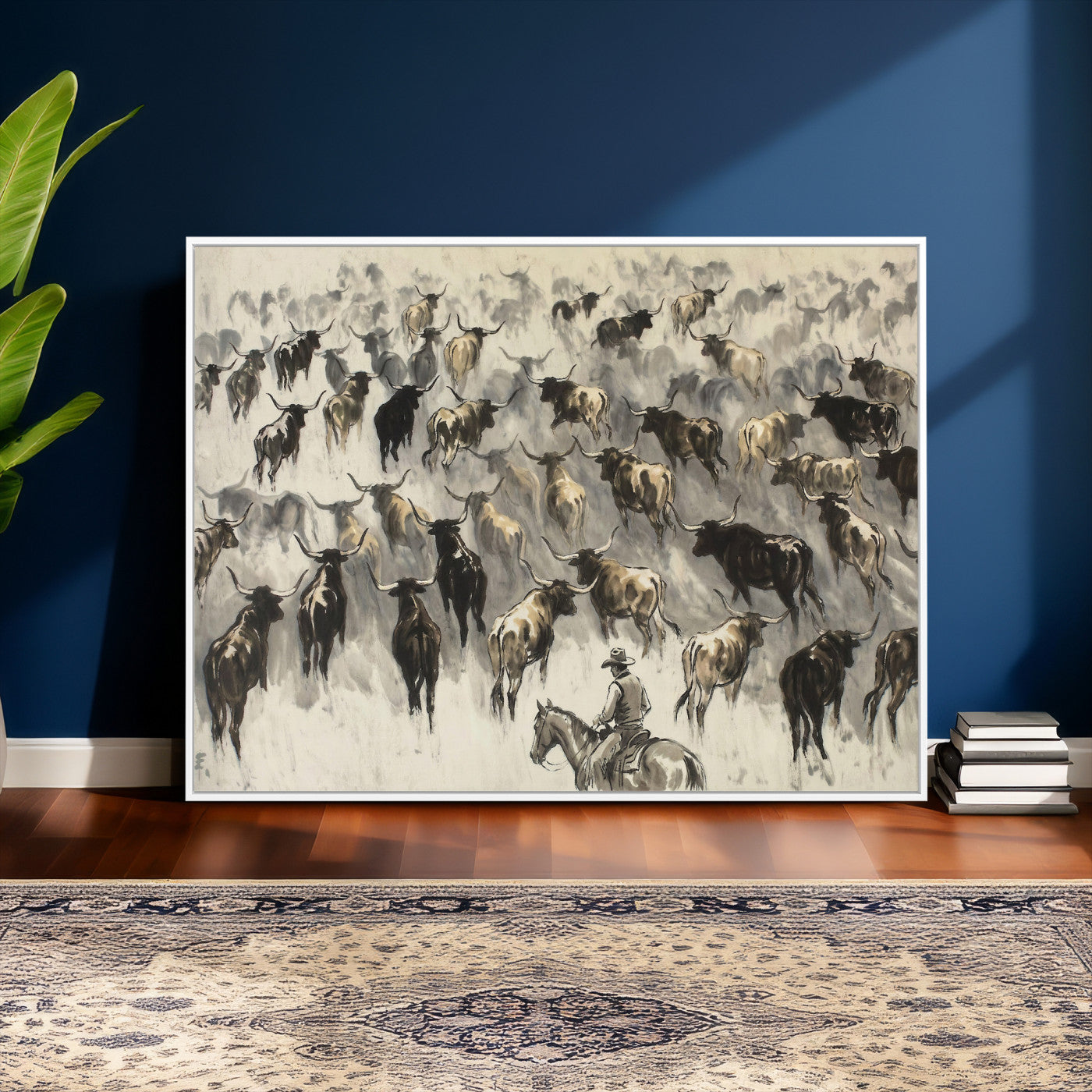 48049876-MGV-CV-36X24 - Cowboy Cattle Drive Canvas Wall Art, Western Longhorn Herd Ink Painting Print, Ranch Rodeo Decor, Black White Western Art, Large Living Room Art