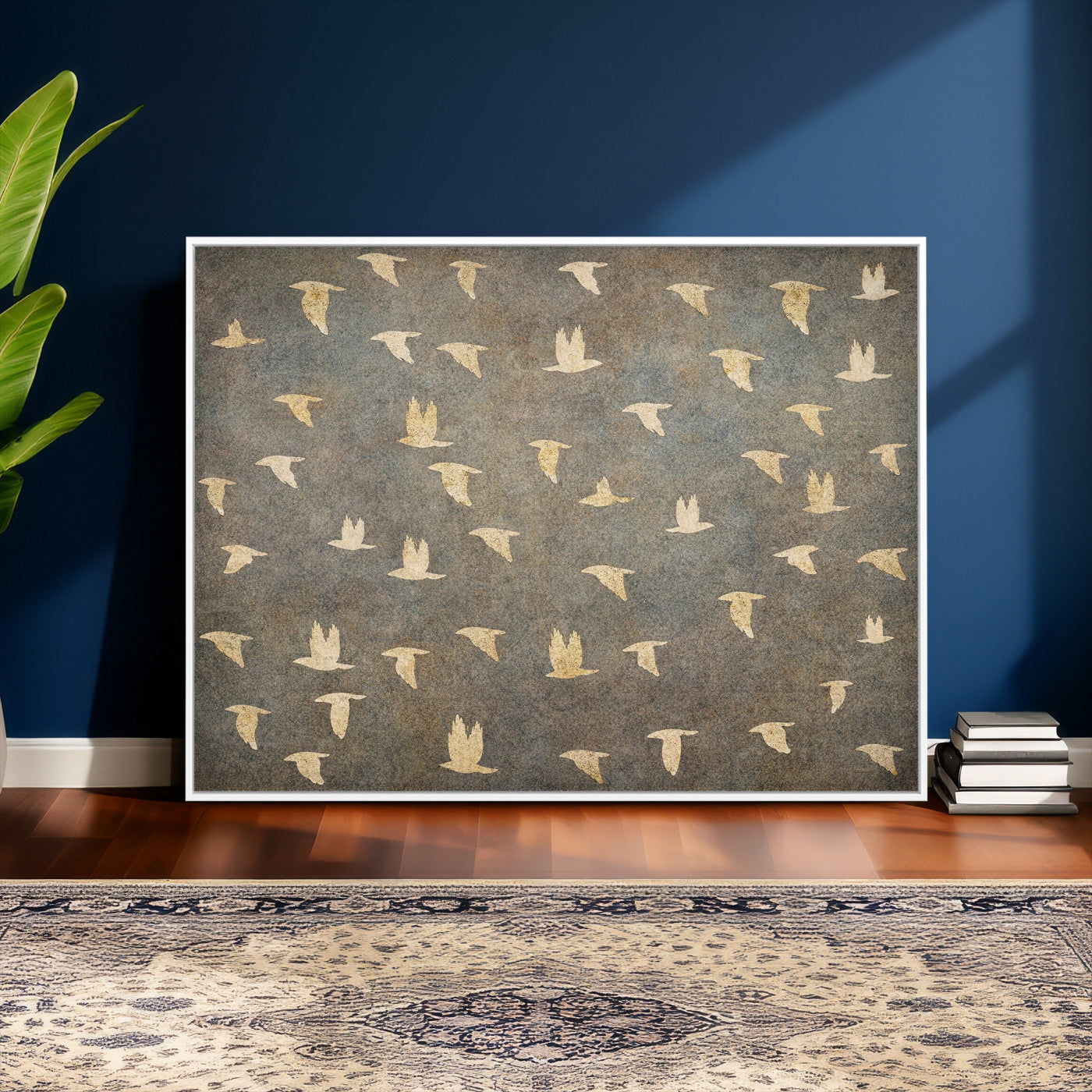 74076164-MGV-CV-36X24 - Flying Birds Canvas Wall Art, Vintage Bird Flock Pattern Print, Grey Gold Abstract Nature Decor, Rustic Bird Silhouette Art, Boho Living Room Decor