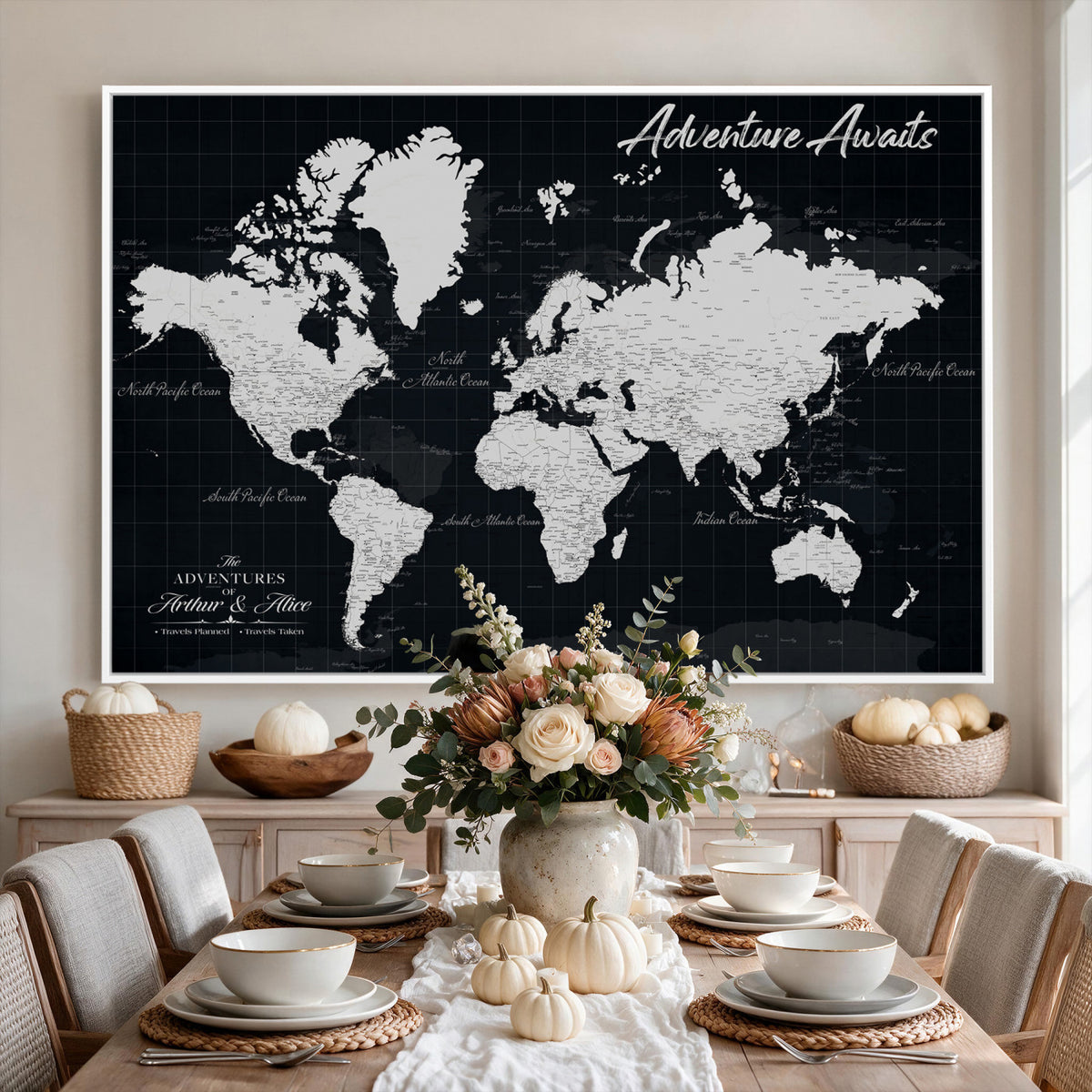 19855445B-MGV-CV-36X24 - Personalized Black Push Pin Travel Map Canvas Print, Couples Countries Visited Map, Entryway and Hallway Decor