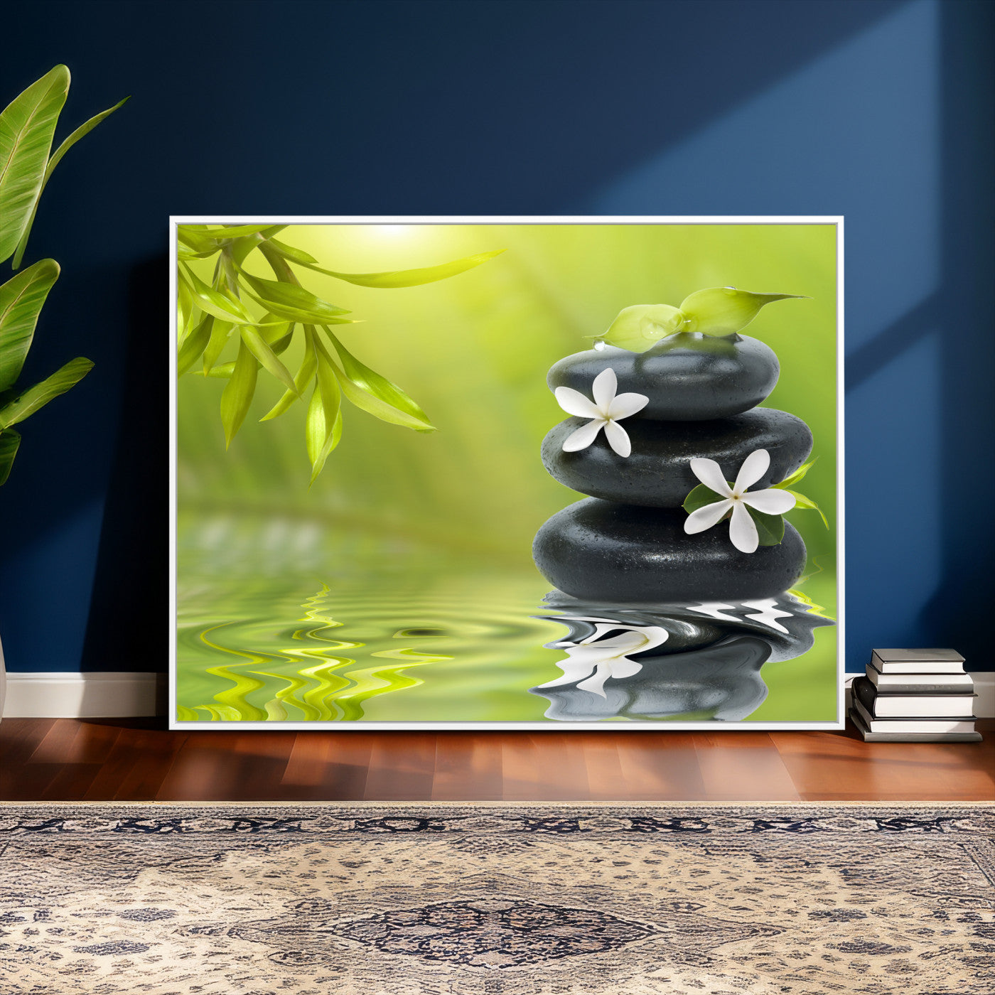 51106626-MGV-CV-36X24 - Plumeria Frangipani Black Stone Canvas | White Flower Spa Photography Print | Tropical Zen Wall Art | Grey Pebble Floral for Meditation Yoga Room Decor
