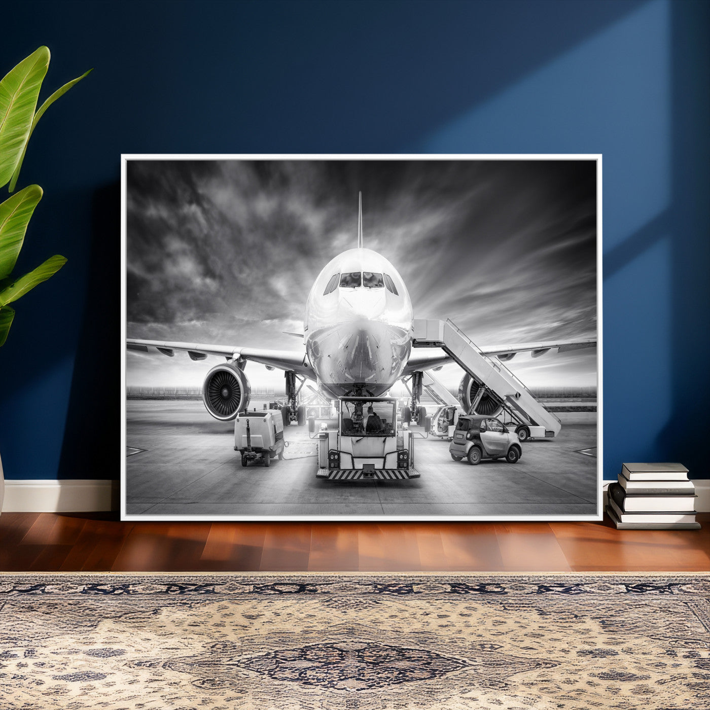 85885848-MGV-CV-36X24 - Airplane Wall Art Canvas Print, Black and White Jet Aircraft Airport Runway Framed Aviation Artwork for Pilot Office Hangar Travel Decor