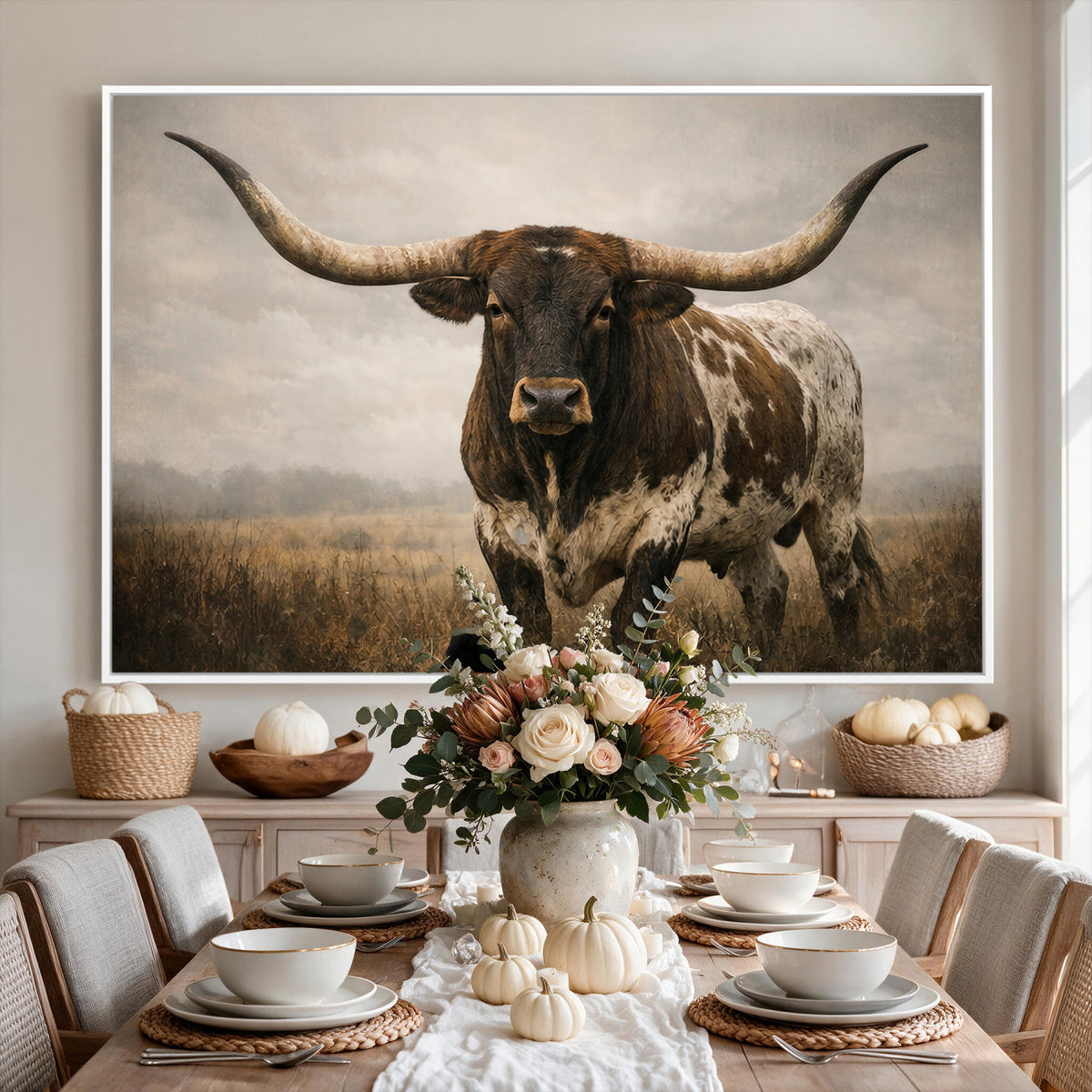 17622011L-_Poster-30x20 - Longhorn Bull Wall Art Canvas Print, Western Farmhouse Decor