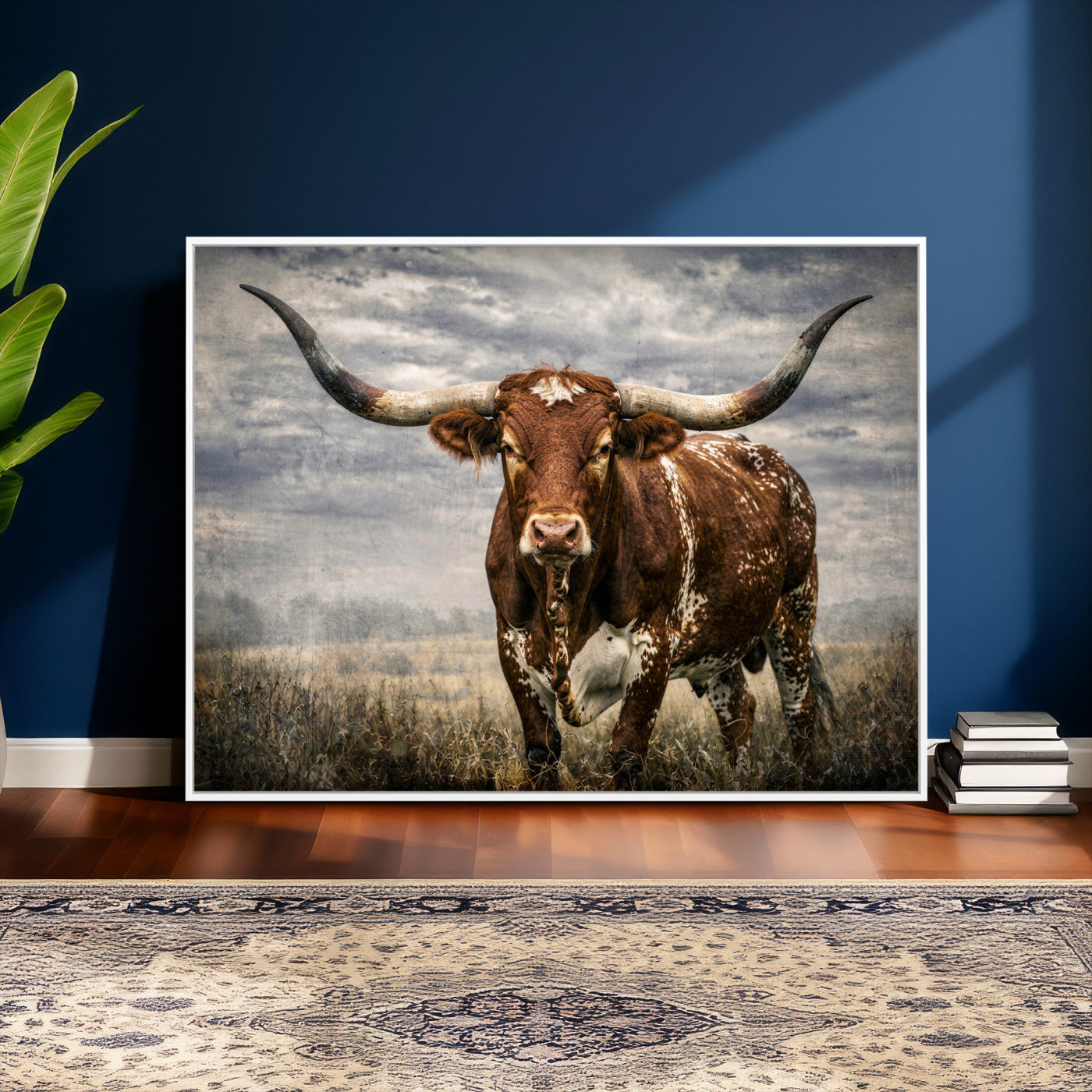 14372769-MGV-CV-36X24 - Texas Longhorn Canvas Wall Art Western Bull Desert Moody Grey Overcast Rustic Farmhouse Framed Large for Living Room Bedroom Office Decor