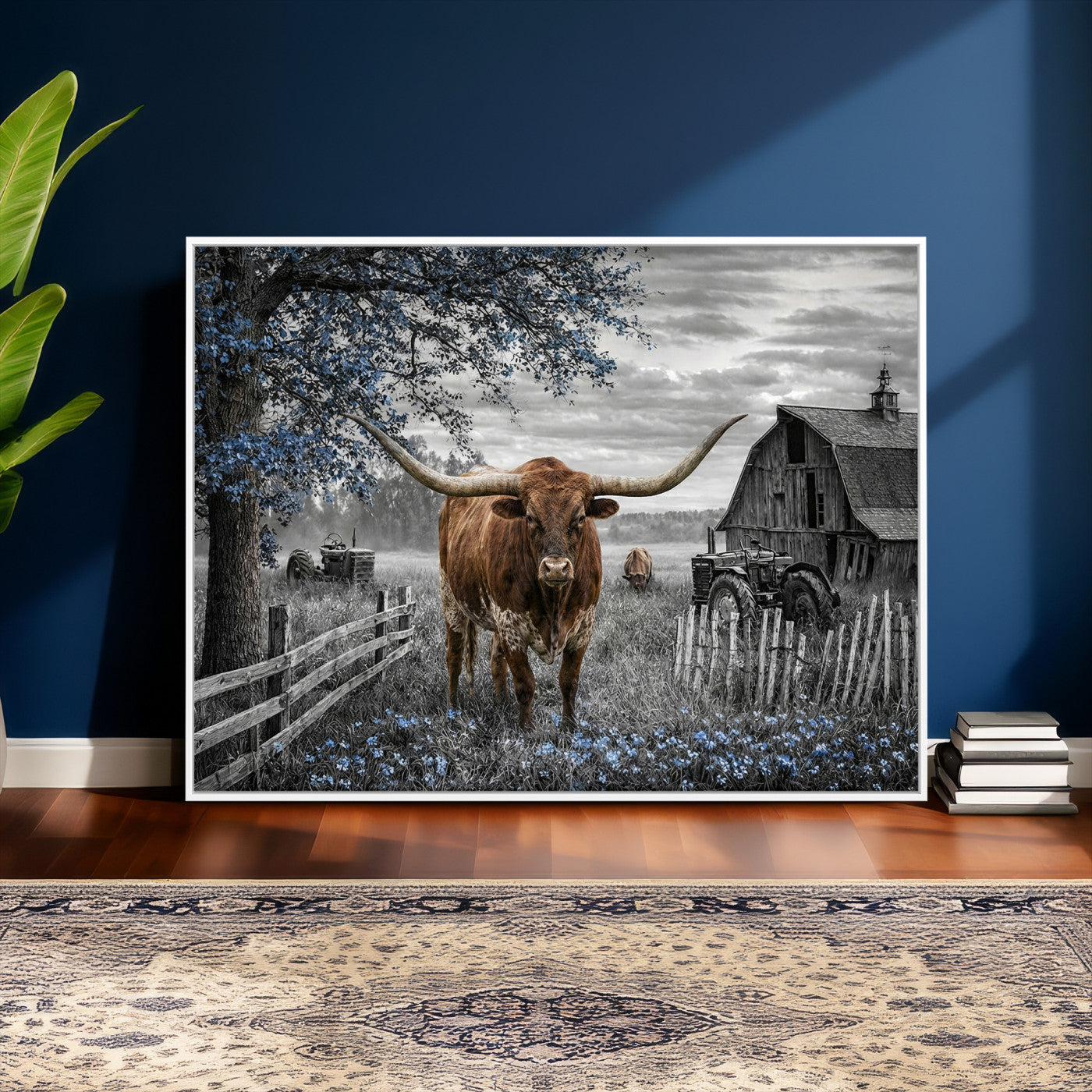 19366343-MGV-CV-36X24 - Texas Longhorn Canvas Wall Art, Rustic Farm Barn Bluebonnet Photography Print, Farmhouse Country Decor, Western Ranch Art, Old Truck Tractor Print