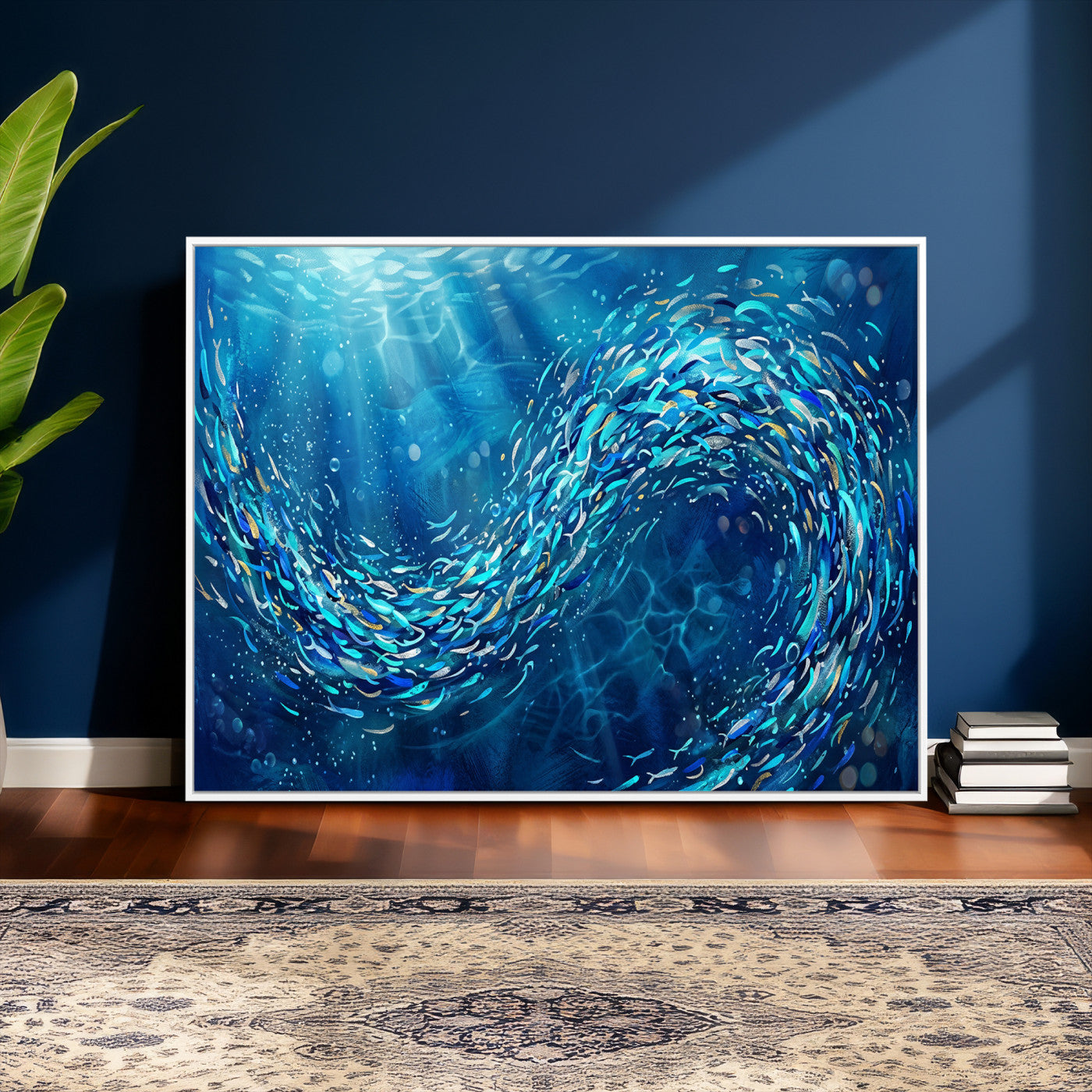 54535639-MGV-CV-36X24 - School of Fish Canvas Print | Blue Ocean Underwater Wall Art | Swirling Fish Shoal Illustration | Marine Navy Coastal Decor