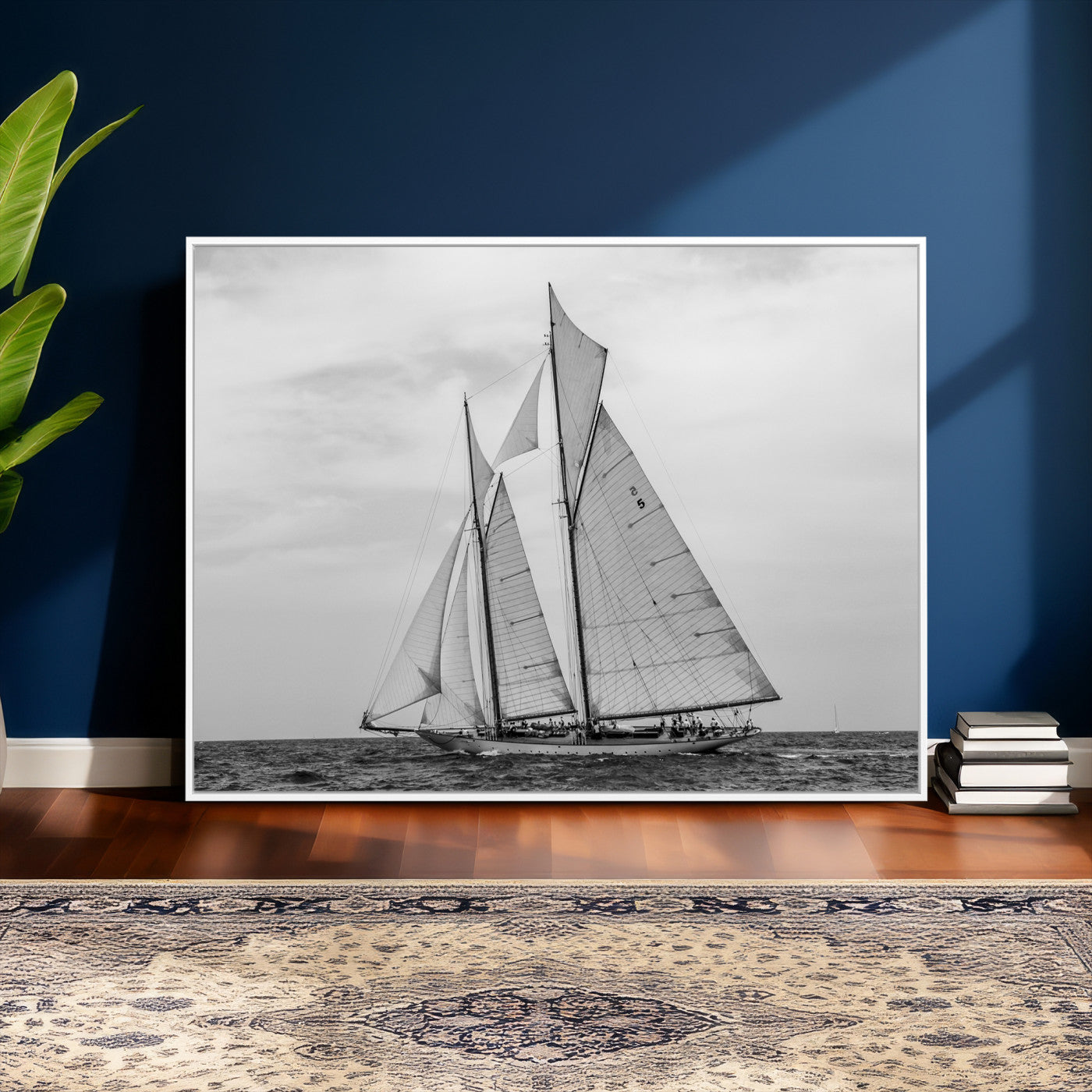 52882918-MGV-CV-36X24 - Vintage Sailboat Wall Art Canvas Print, Black and White Schooner Framed Artwork, Nautical Ocean Sailing Decor for Living Room Office Beach House