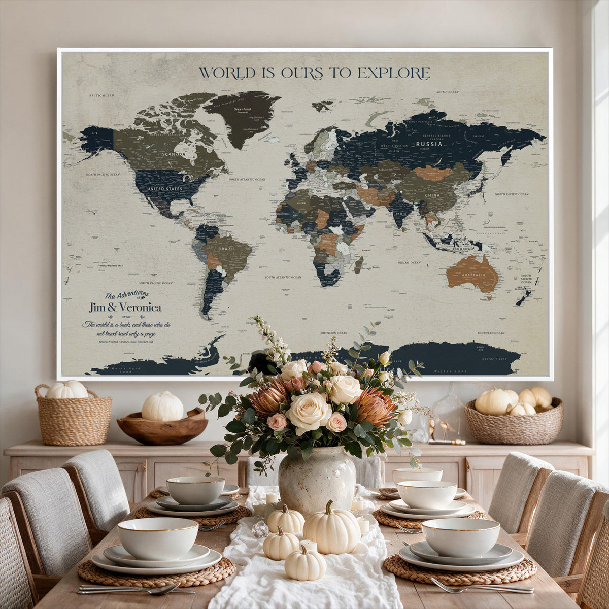 64110391126C-MGV-CV-36X24 - Custom Push Pin World Map Wall Art Canvas Print | Personalized Travel Tracker