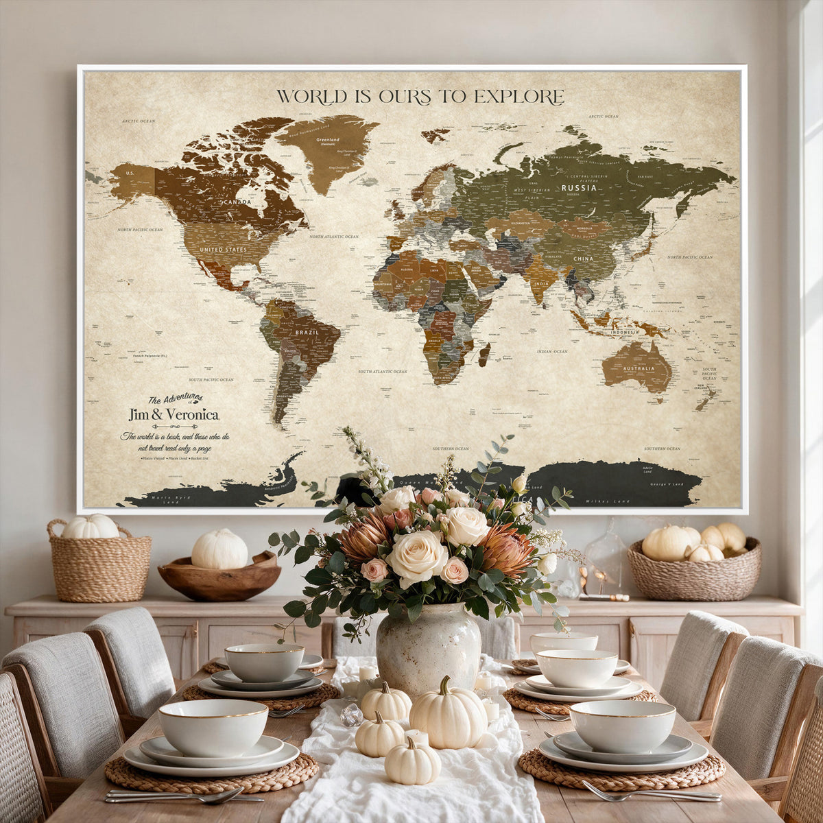 64110391126O-MGV-CV-36X24 - Custom Push Pin World Map Wall Art Canvas Print | Travel Tracker With Pins