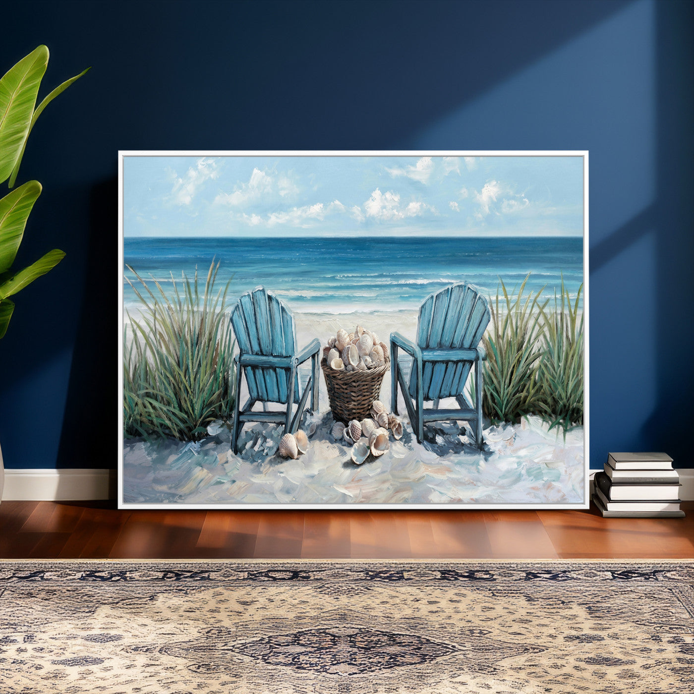 11973028-MGV-CV-36X24 - Beach Canvas Wall Art Coastal Adirondack Chairs Ocean Seashells Blue Nautical Framed Large for Living Room Bedroom Bathroom Decor