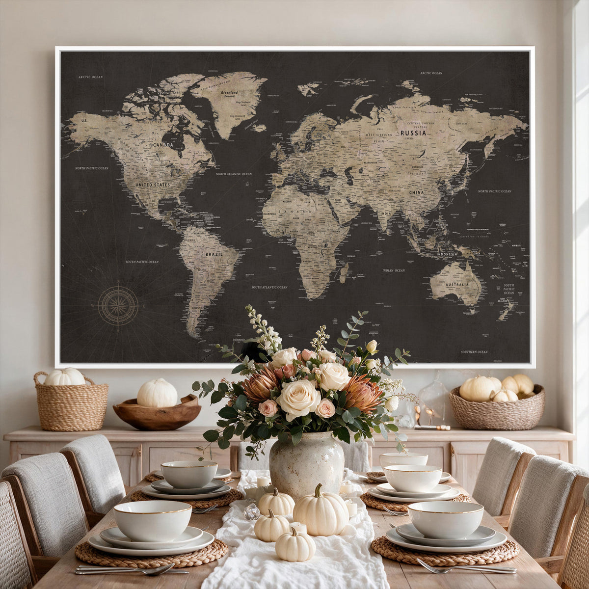 56556018136-MGV-CV-36X24 - World Map Canvas Wall Art, Dark Charcoal and Antique Tan Detailed Map