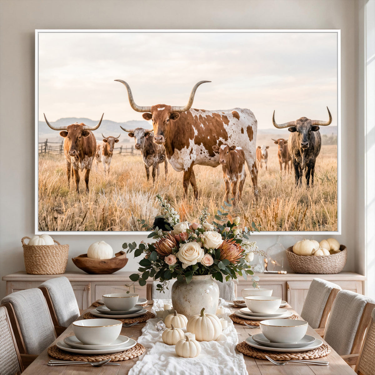 62336425AC-MGV-CV-36X24 - Texas Longhorn Canvas Wall Art, Rustic Farm Animal Photography Print, Farmhouse Country Decor, Western Ranch Art