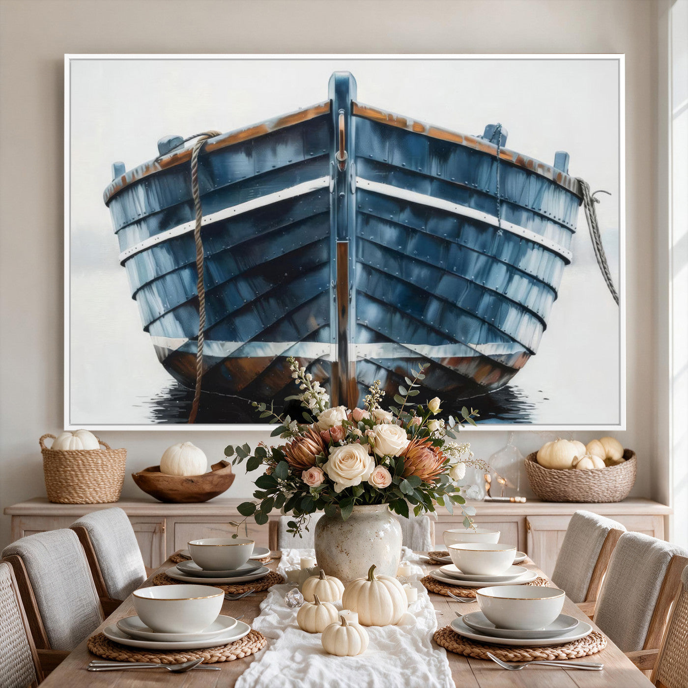 21601740-MGV-CV-36X24 - Blue Wooden Rowboat Canvas Wall Art, Coastal Nautical Boat Painting Print for Lake Beach House Decor, Minimalist Maritime Decor Artwork