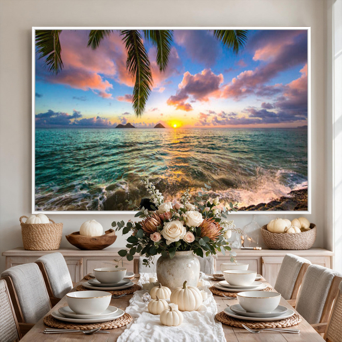 13207742-MGV-CV-36X24 - Hawaii Beach Sunset Canvas Wall Art Print, Tropical Ocean Landscape Artwork, Palm Tree Coastal Decor for Living Room Bedroom