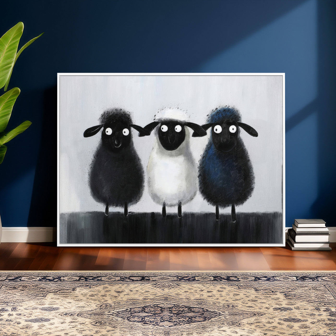 45650028-MGV-CV-36X24 - Funny Sheep Canvas Wall Art, Three Quirky Sheep Painting Print, Cute Animal Nursery Decor, Black White Navy Farmhouse Art, Kids Room Gift