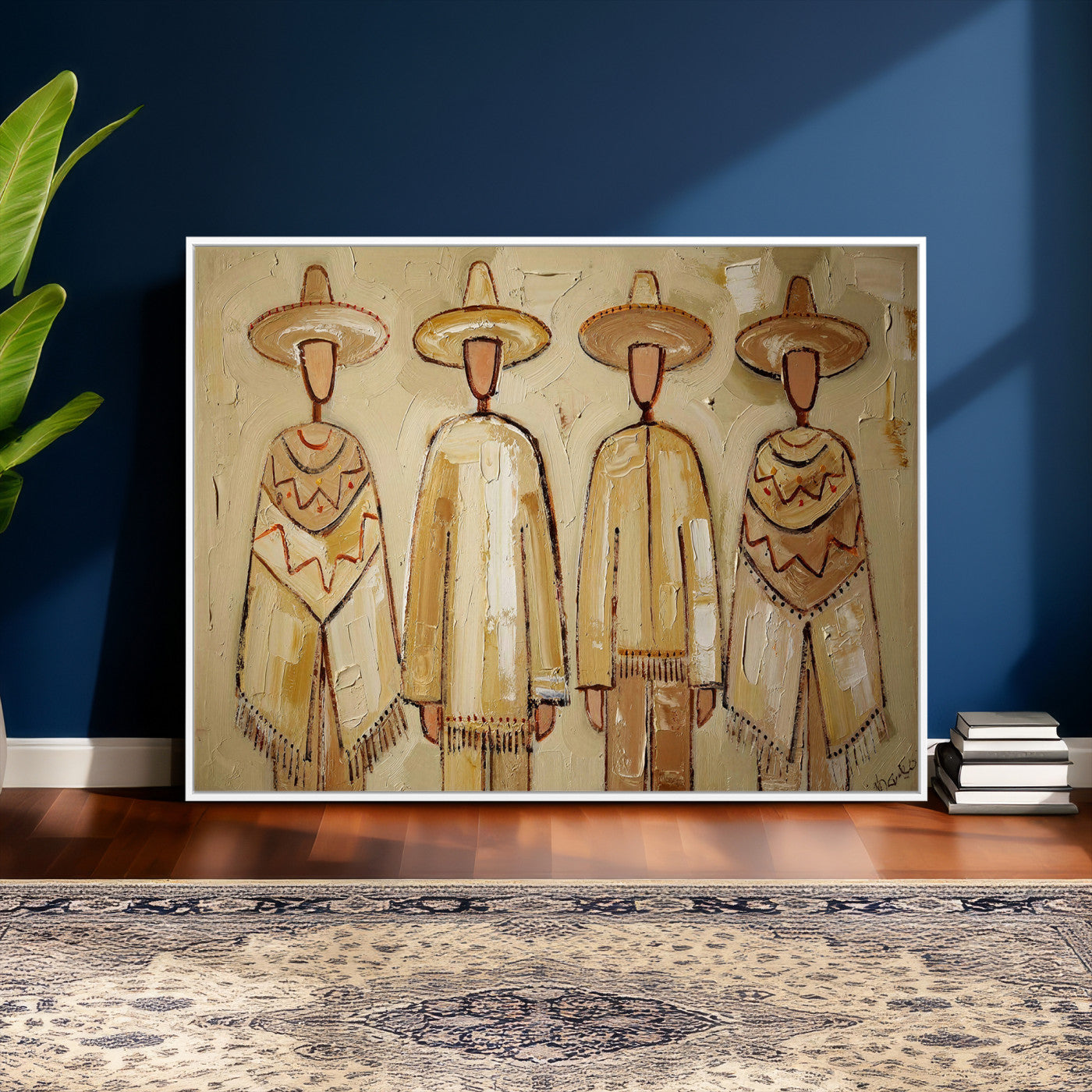 46071653-MGV-CV-36X24 - Mexican Folk Art Canvas Wall Art, Charro Poncho Sombrero Painting Print, Neutral Beige Boho Decor, Southwestern Impasto Style, Living Room Art