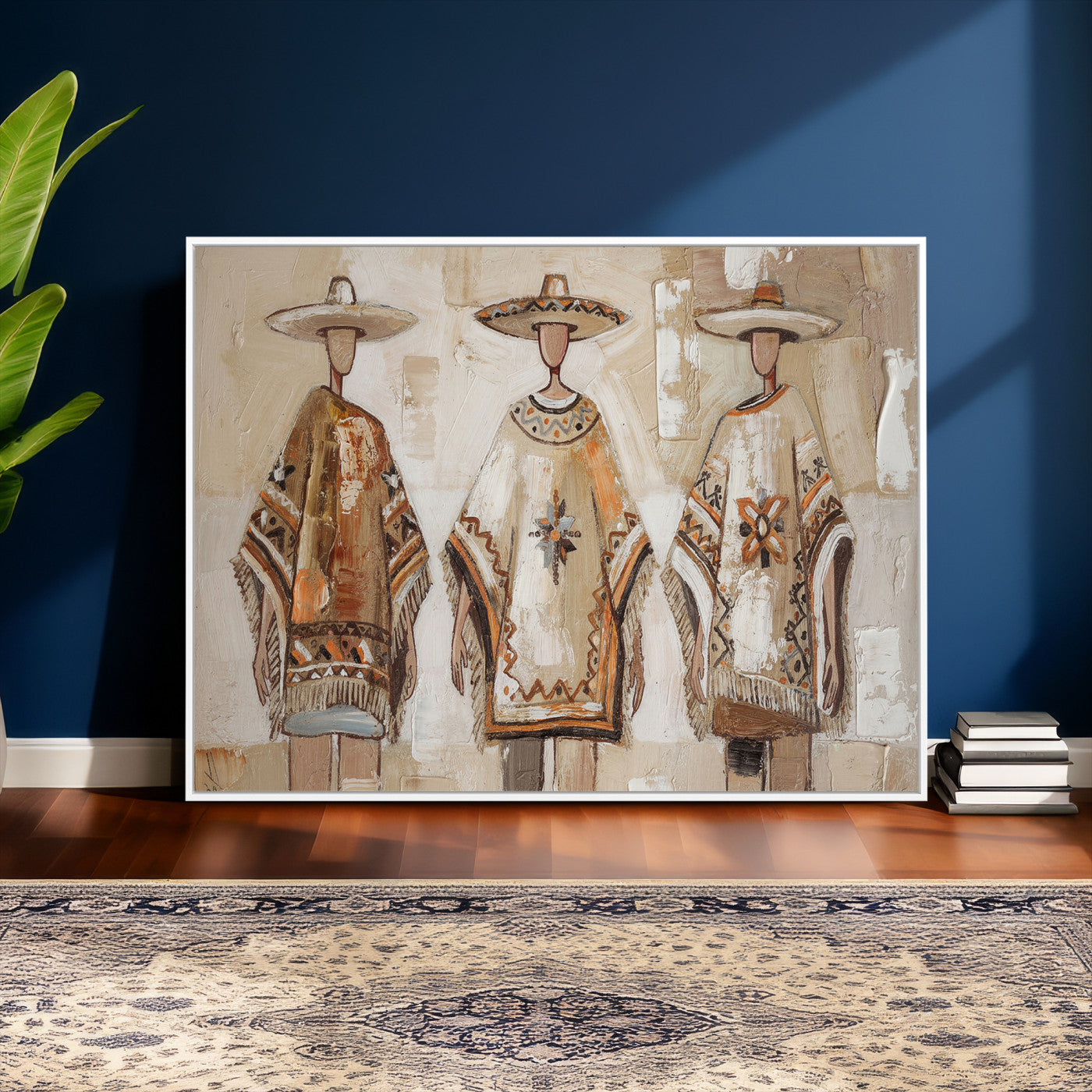 85373290-MGV-CV-36X24 - Mexican Folk Art Canvas Wall Art, Charro Poncho Sombrero Painting Print, Neutral Beige Boho Decor, Southwestern Impasto Style, Living Room Art