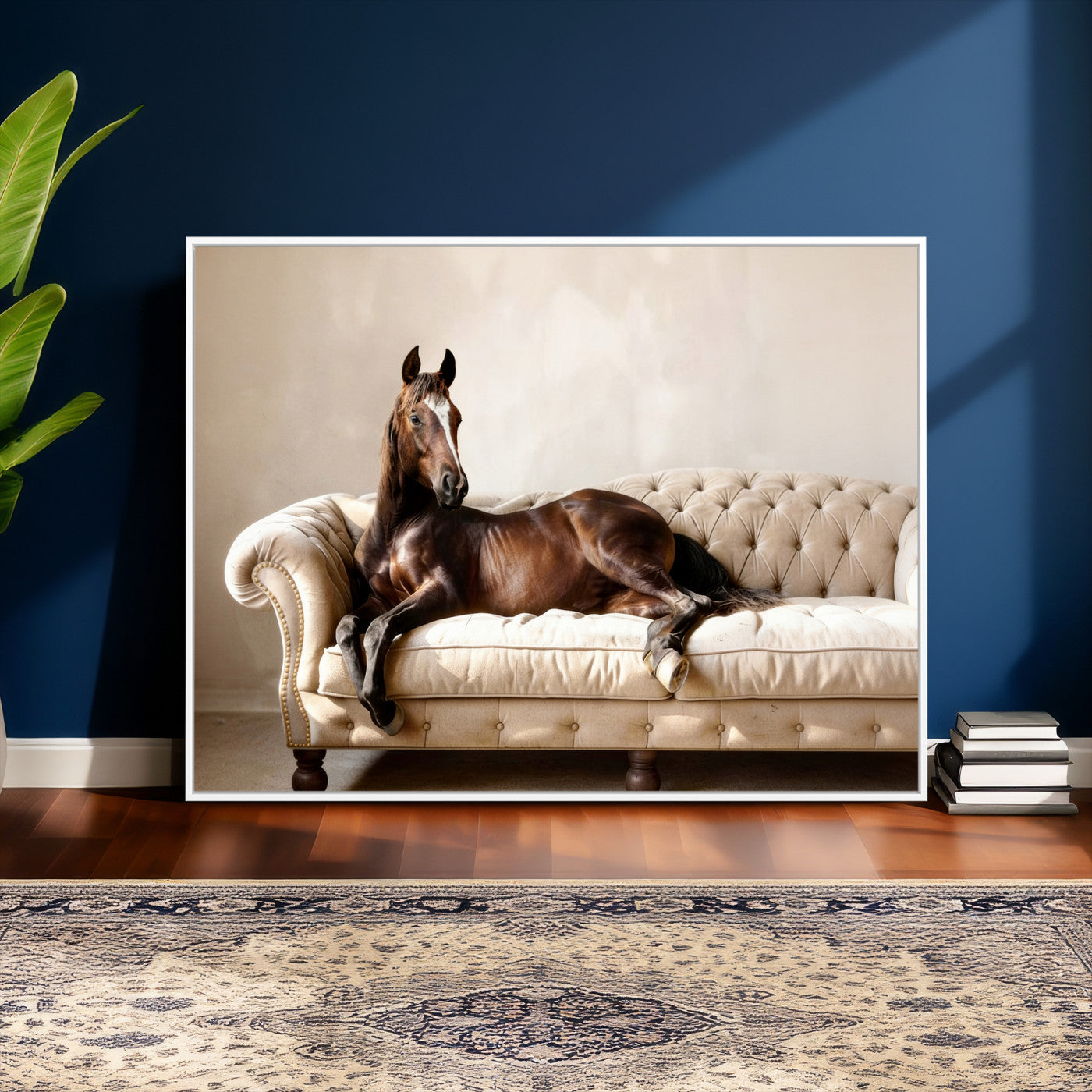17716841-MGV-CV-36X24 - Funny Horse on Sofa Canvas Wall Art, Quirky Horse Lounging Photo Print, Whimsical Animal Decor, Living Room Conversation Art, Horse Lover Gift