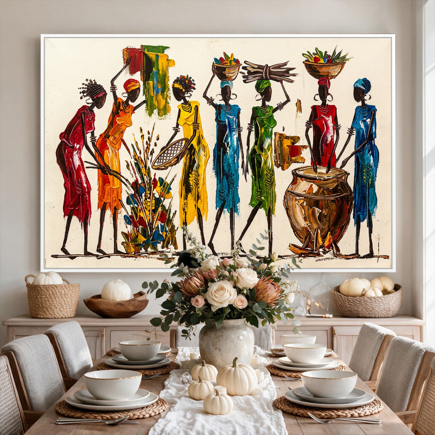 83463154-MGV-CV-36X24 - African Folk Art Canvas Wall Art, Colorful African Women Village Painting Print, Tribal Ethnic Home Decor, Vibrant African Art, Living Room