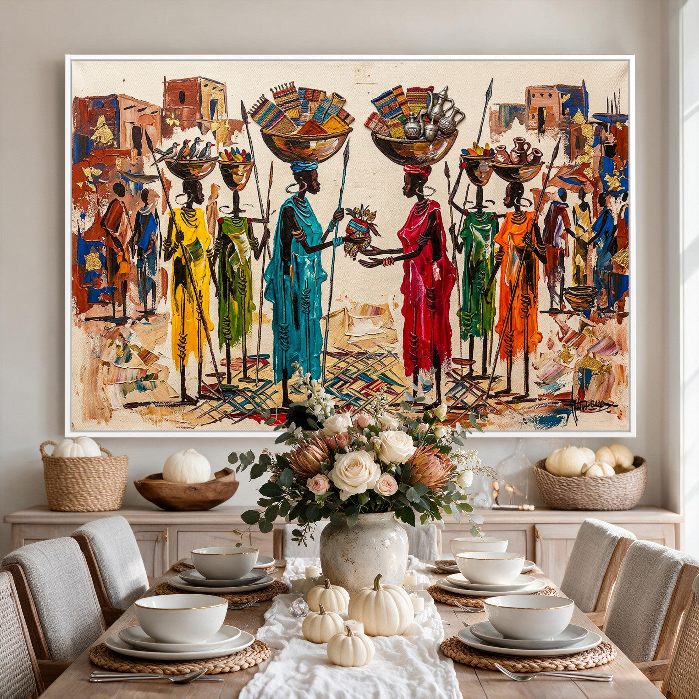 54818657-MGV-CV-36X24 - African Folk Art Canvas Wall Art, Colorful African Women Village Painting Print, Tribal Ethnic Home Decor, Vibrant African Art, Living Room