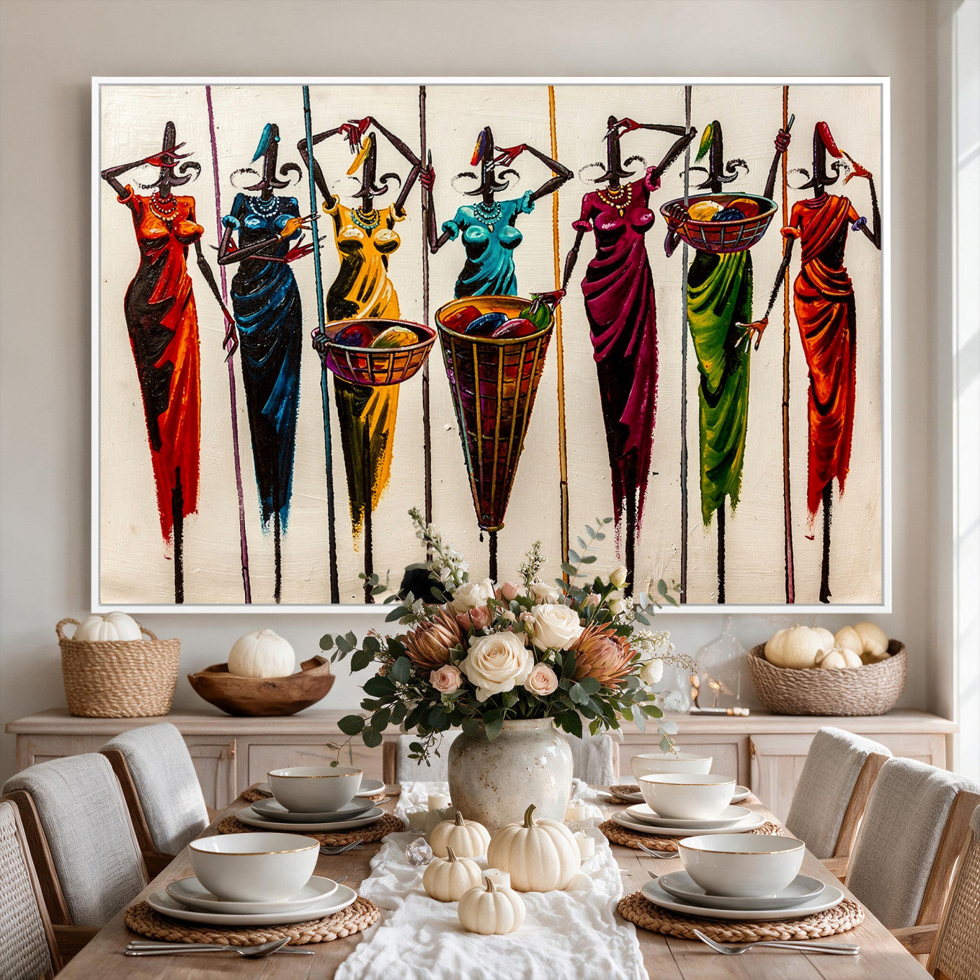 53545627-MGV-CV-36X24 - African Folk Art Canvas Wall Art, Colorful African Women Village Painting Print, Tribal Ethnic Home Decor, Vibrant African Art, Living Room
