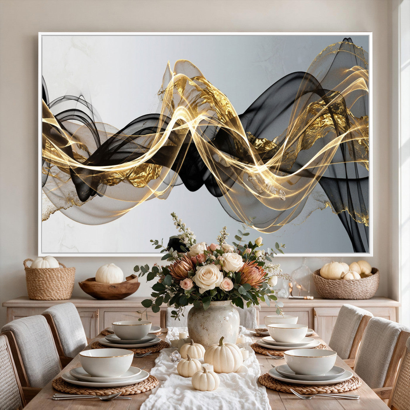 79483321DL-MGV-CV-36X24 - Black and Gold Abstract Wall Art, Modern Wave Canvas Print, Elegant Flowing Smoke Art, Luxury Living Room Decor
