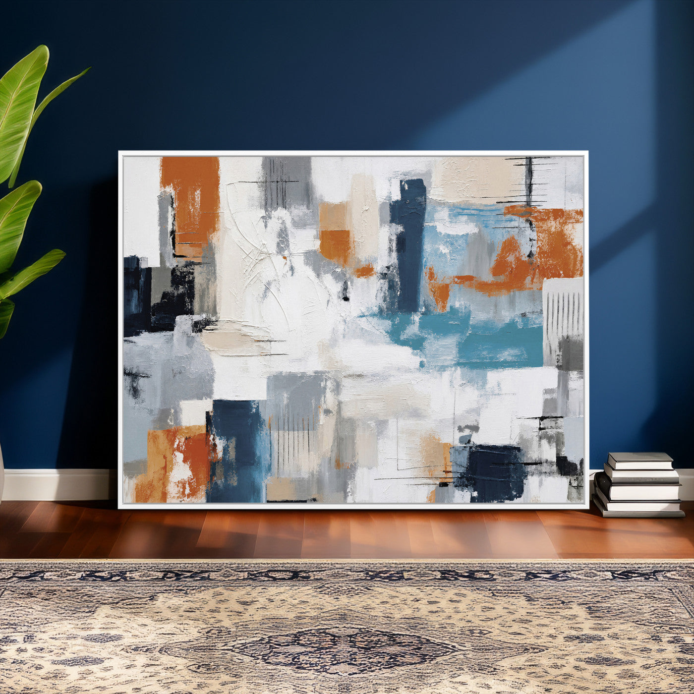 44950303-MGV-CV-36X24 - Blue Teal Abstract Canvas Wall Art, Modern Textured Painting Print, Navy Orange White Contemporary Art, Neutral Living Room Decor, Office Art