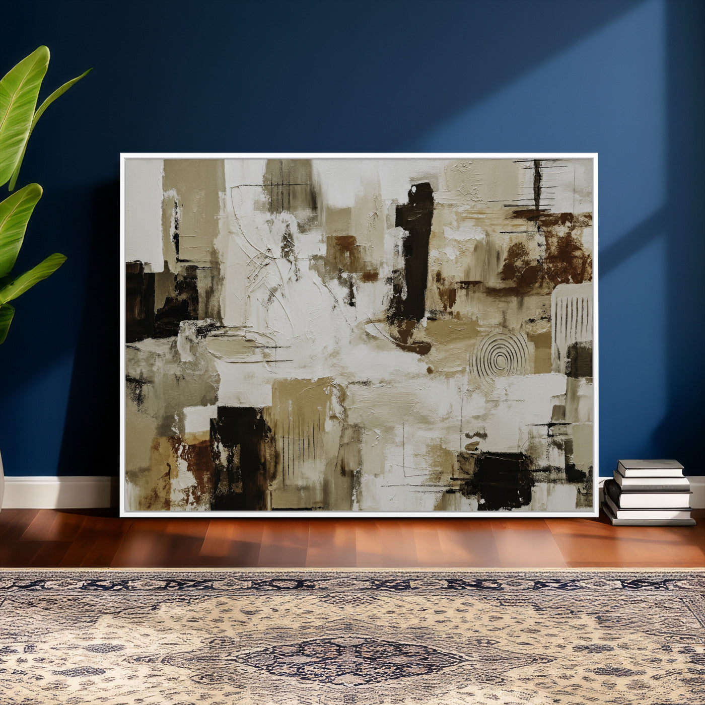 26560159-MGV-CV-36X24 - Blue Teal Abstract Canvas Wall Art, Modern Textured Painting Print, Navy Orange White Contemporary Art, Neutral Living Room Decor, Office Art