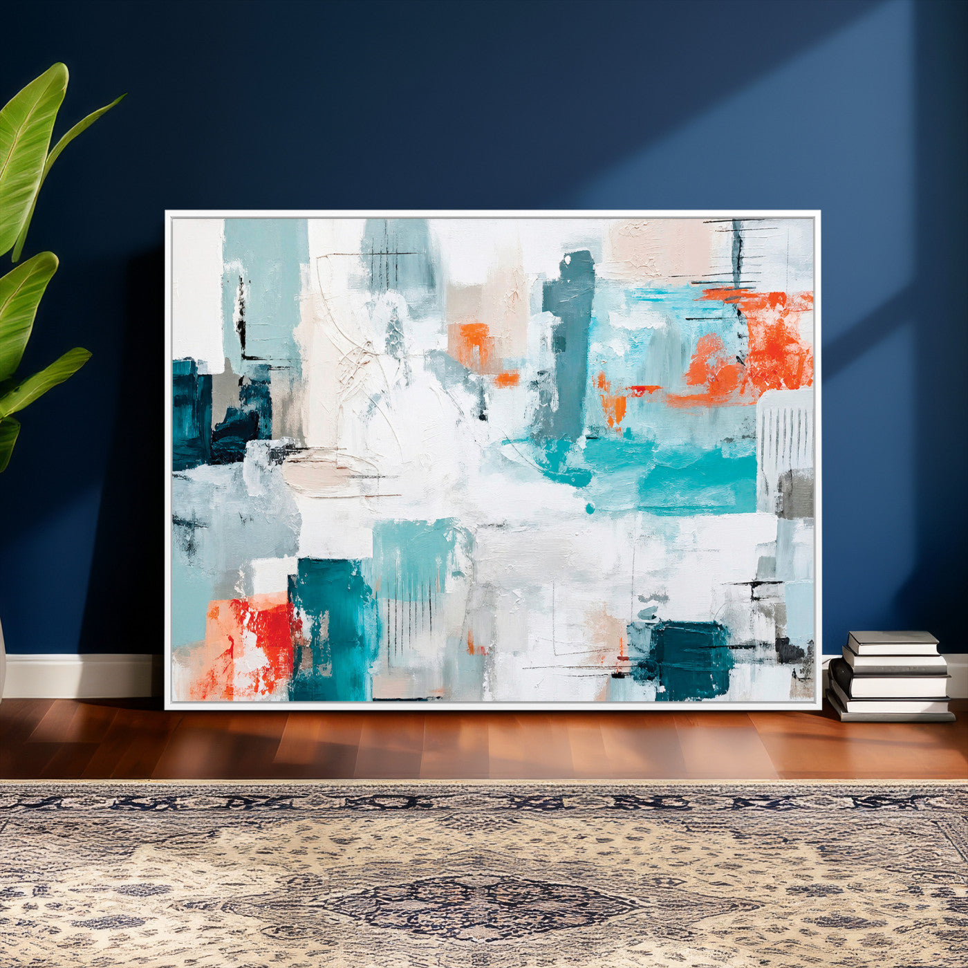 98638479-MGV-CV-36X24 - Blue Teal Abstract Canvas Wall Art | Modern Textured Painting Print, Navy Orange White Contemporary Art, Neutral Living Room Decor, Office Art