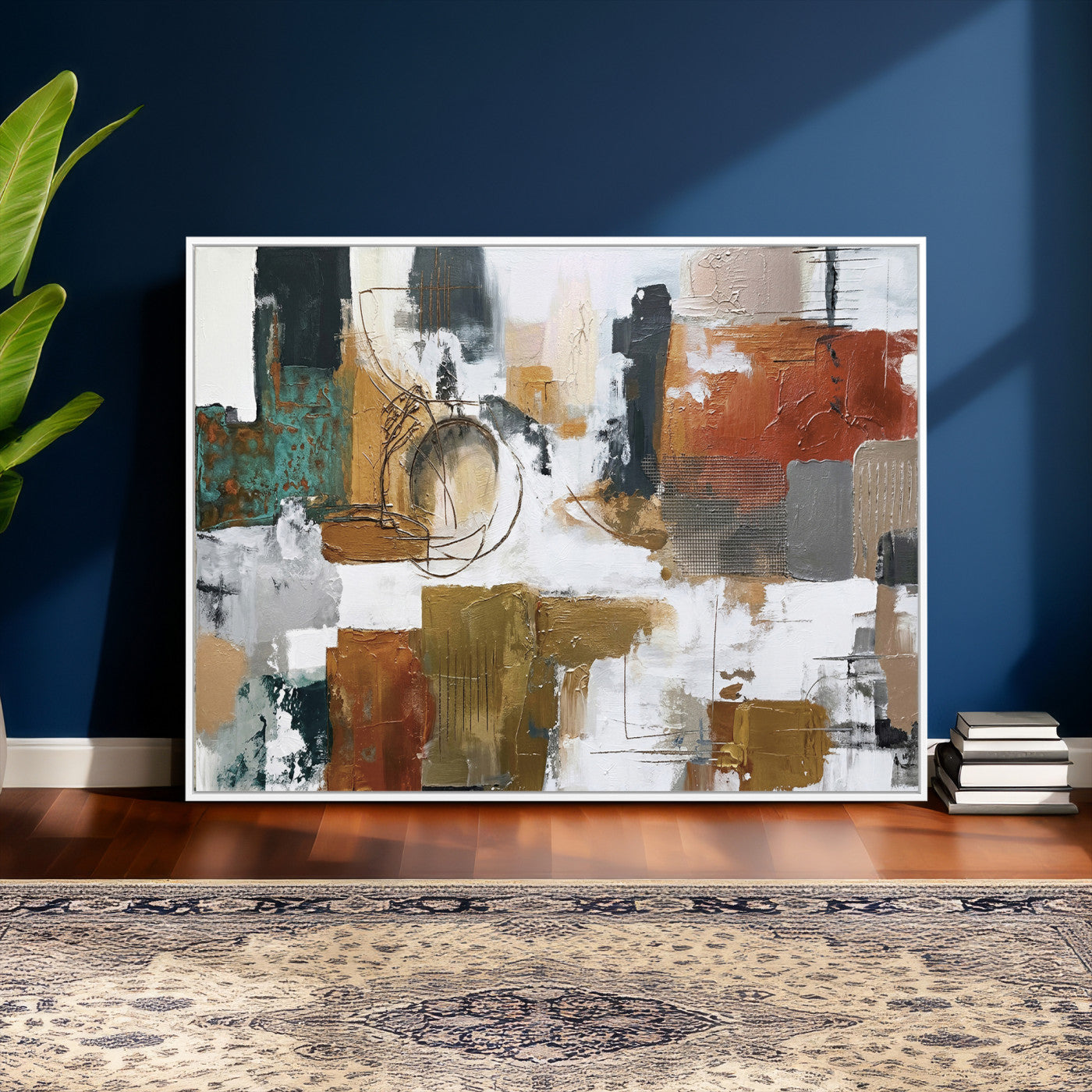 50720312-MGV-CV-36X24 - Blue Teal Abstract Canvas Wall Art, Modern Textured Painting Print, Navy Orange White Contemporary Art, Neutral Living Room Decor, Office Art