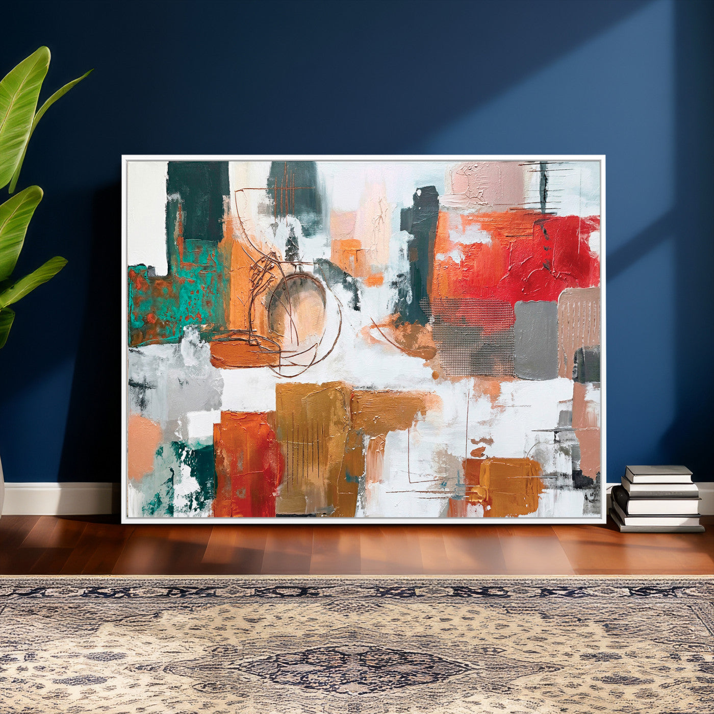 50720312-MGV-CV-36X24 - Blue Teal Abstract Canvas Wall Art | Modern Textured Painting Print, Navy Orange White Contemporary Art, Neutral Living Room Decor, Office Art.