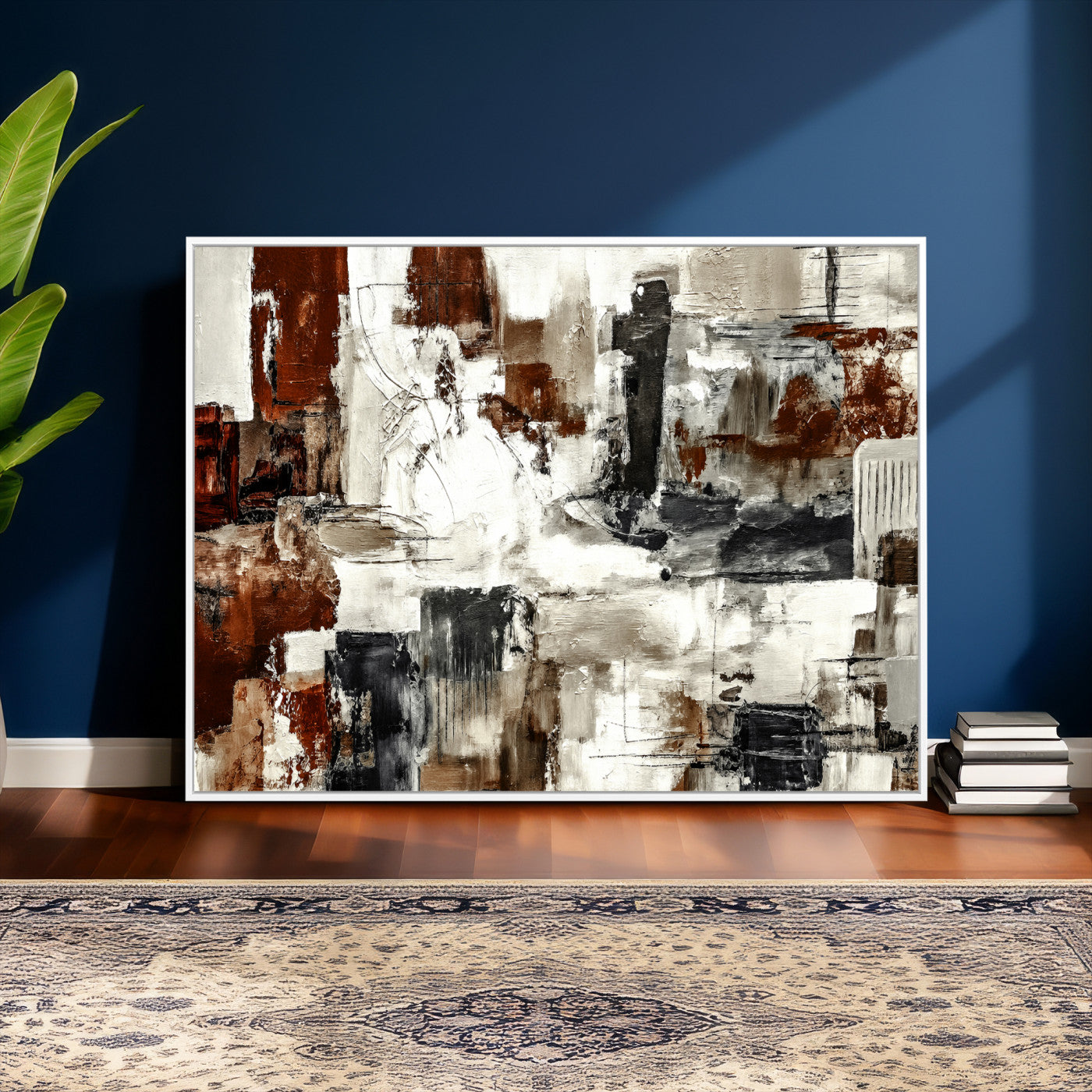 53022468-MGV-CV-36X24 - Blue Teal Abstract Canvas Wall Art, Modern Textured Painting Print, Navy Orange White Contemporary Art, Neutral Living Room Decor, Office Art