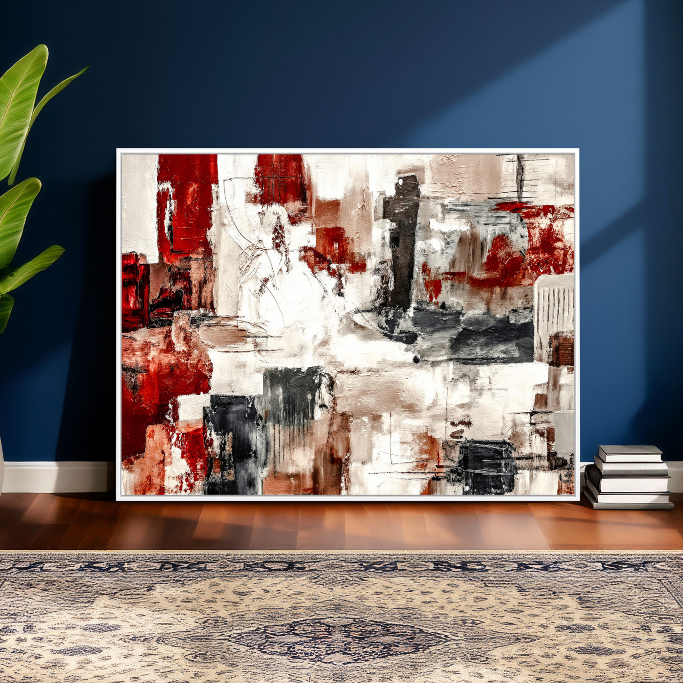 53022468-MGV-CV-36X24 - Blue Teal Abstract Canvas Wall Art, Modern Textured Painting Print, Navy Orange White Contemporary Art, Neutral Living Room Decor, Office Art