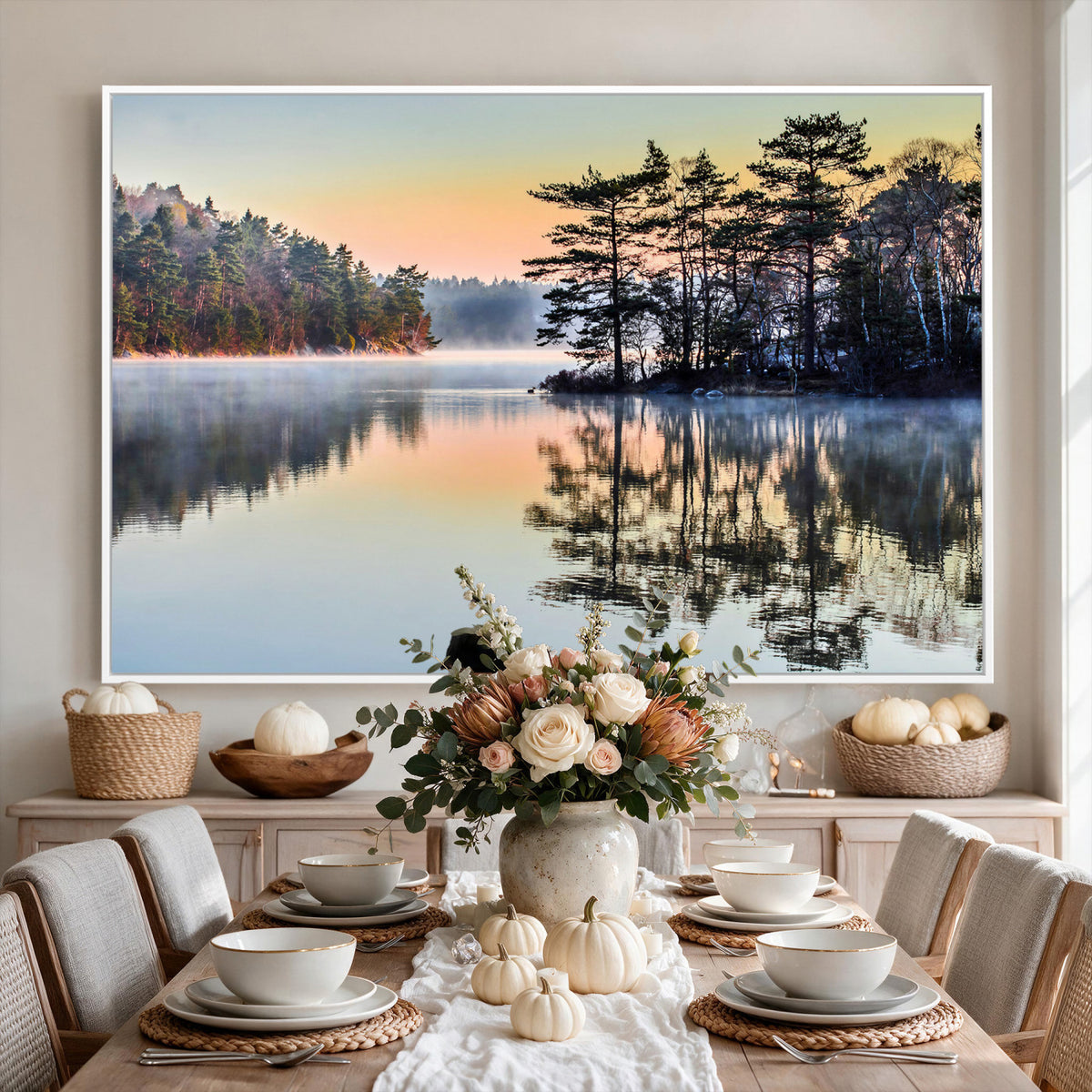 34236027-MGV-CV-36X24 - Before People Wake Canvas Wall Art Print, Misty Lake Sunrise Landscape, Forest Reflection Nature Decor, Ready to Hang